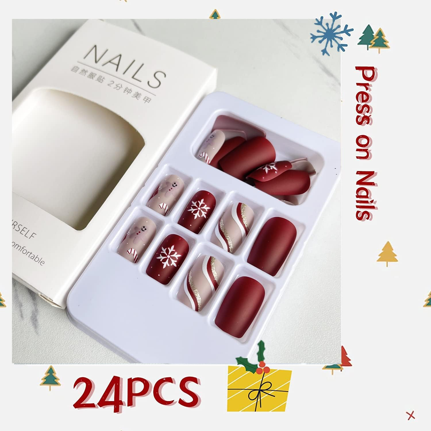 Christmas Press on Snowflake Nails Red Square Fake Nails with Lines Swirl Gingerbread Design Matte Full Cover Glue on Winter False Nails 24 Pcs - B image number 2