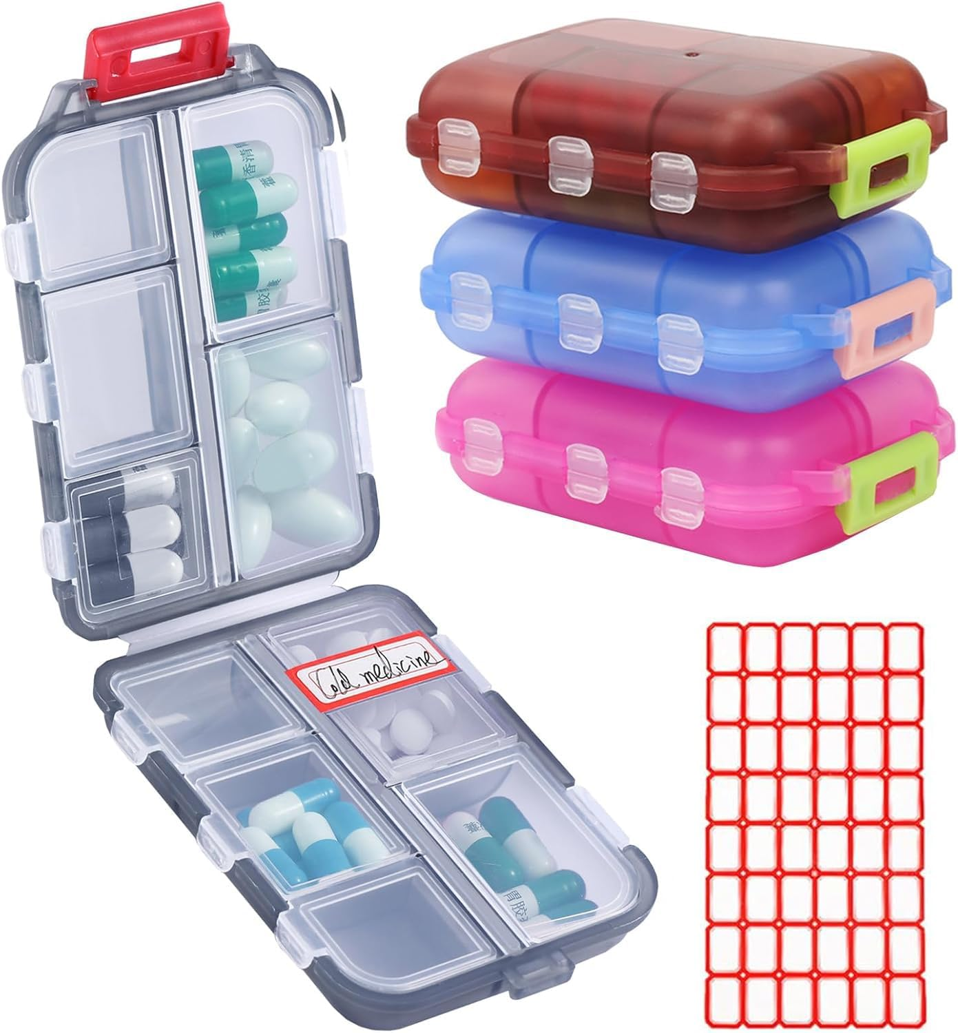4Pack Travel Pill Organiser, 8 Compartments Portable Pill Box, Large Capacity Tablet Organiser for Supplements, Pills, Vitamins and Medication- Airtight & Moistureproof (4 Pack Model 2) image number 1