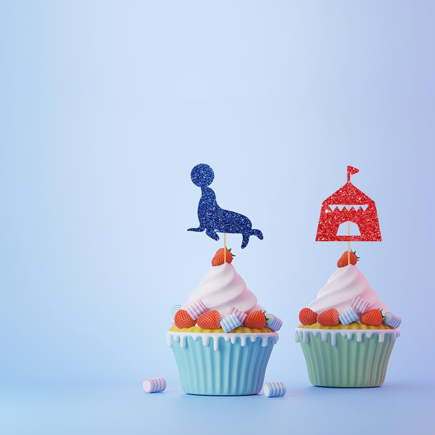 24Pcs Circus Cupcake Toppers, Circus Animal Cupcake Toppers, Colorful Glitter Carnival Cake Decoration for Kids, Carnival Themed Baby Shower/Birthday Party Supplies image number 5