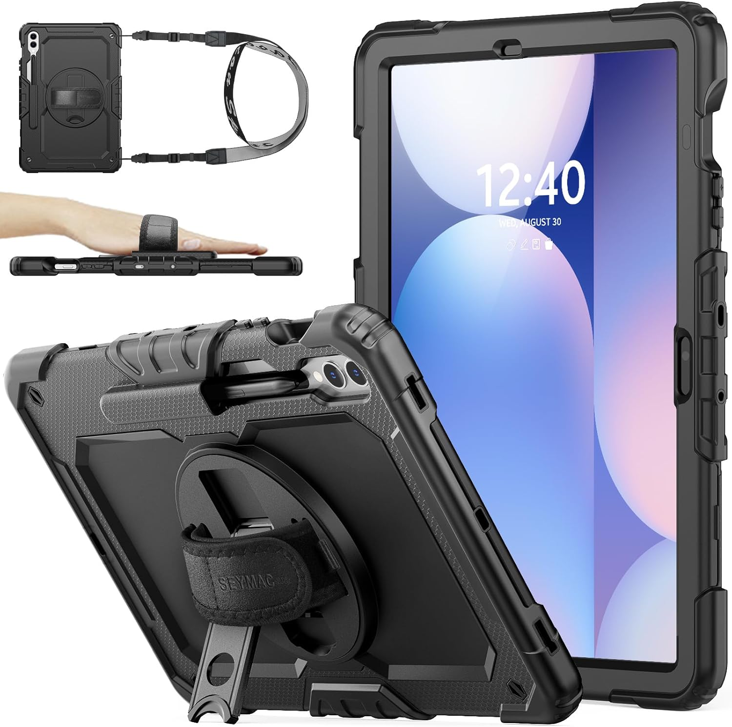 SEYMAC Stock Case for Samsung Galaxy Tab S10 FE/S9/S9 FE 5G 2025/2023 with Screen Protector | Pencil Holder [360 Rotating Hand Strap] &Stand, Drop-Proof Case 10.9"/11'', Black