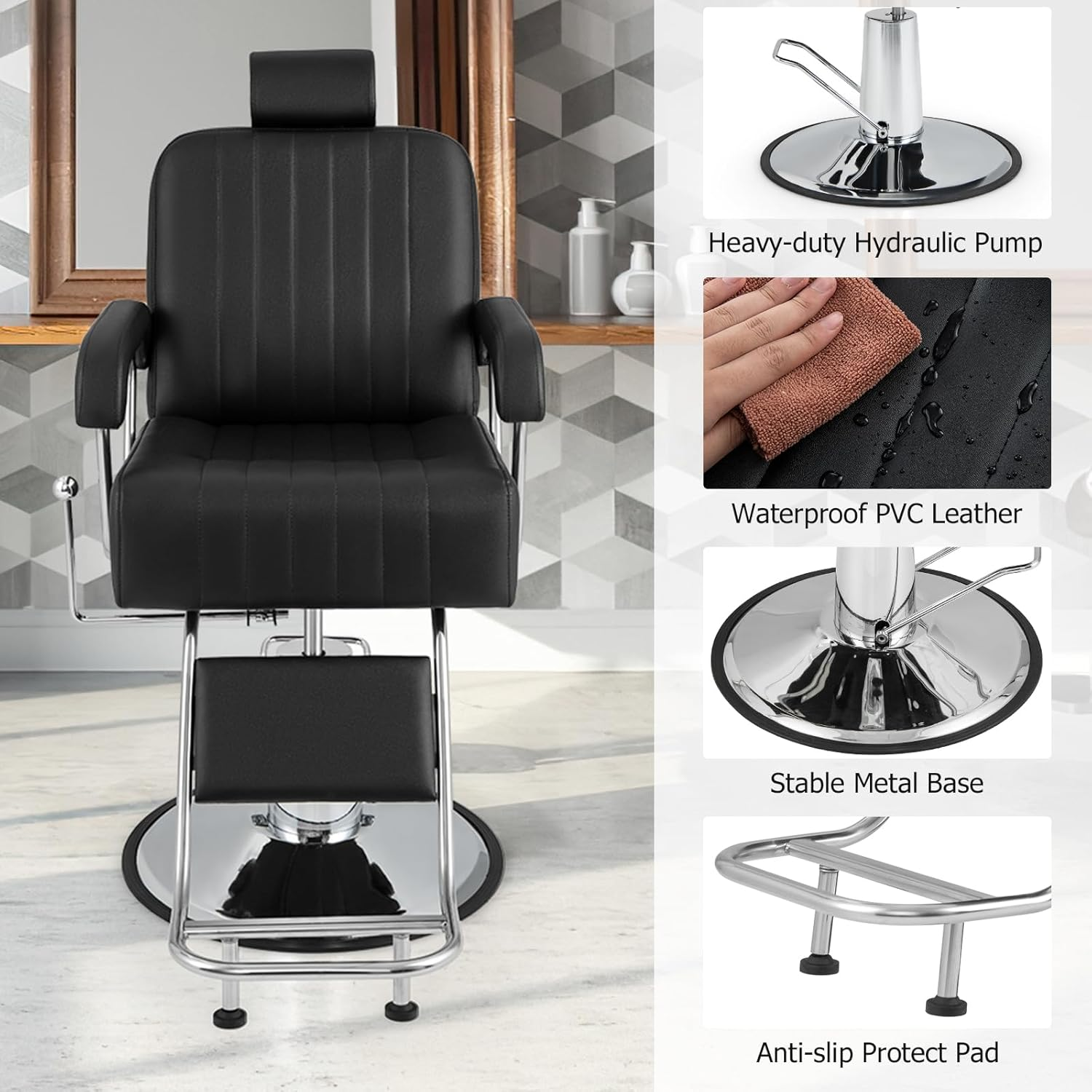 Costway Salon Chair, Hydraulic Barber Swivel Chair W/Adjustable Headrest & Reclining Backrest, Height Adjustment, Heavy Duty Hydraulic Pump, Beauty Hair Salon Equipment, Max Load Weight 150 KG image number 5