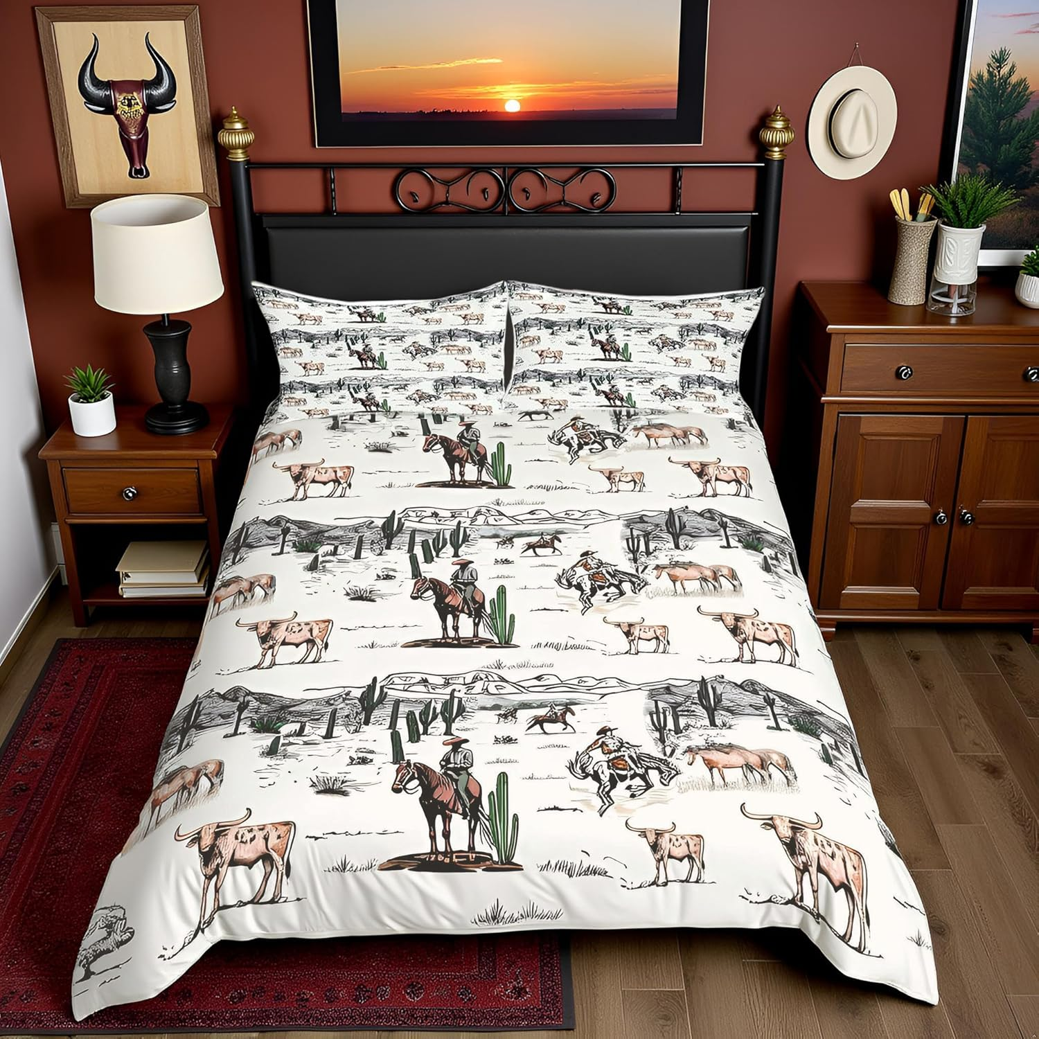 Western Cowboy Duvet Cover Set King Size,Vintage Southwest Style Comforter Cover Desert Cactus Cow Horse Animals Bedding Set for Kids Boys Girls Adult Room Decor,Grey Brown White Quilt Cover 3Pcs image number 7