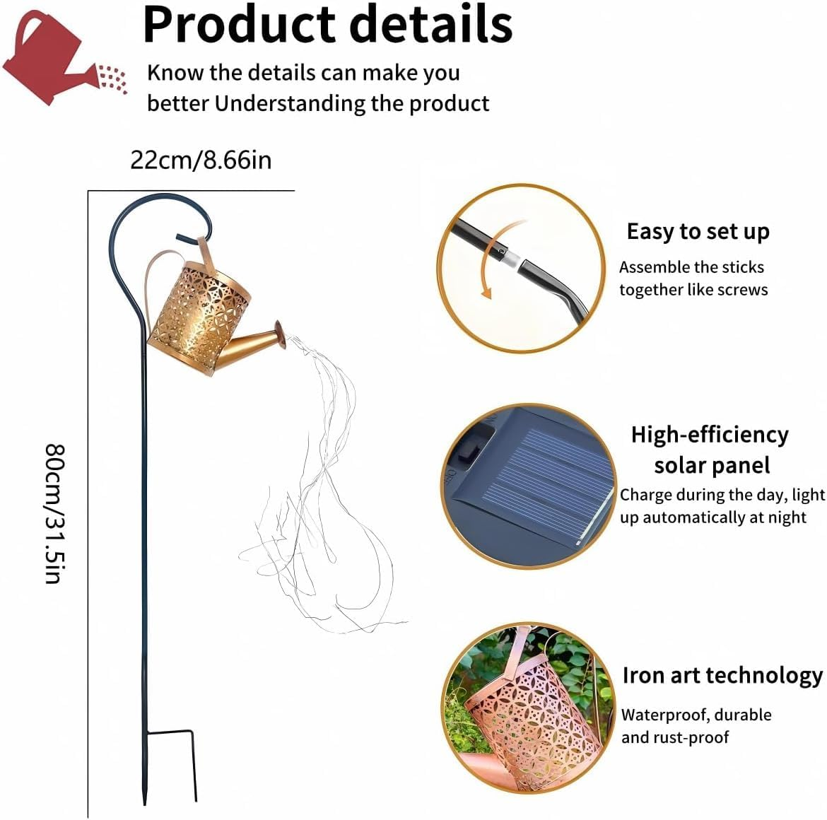 Christmas Solar-Powered Watering Can Lights Outdoor,Solar Outdoor Lights Garden, Waterfall Light,Solar Outdoor Lights Garden, IP65 Waterproof with Bracket for Pathway Yard Patio Backyard Gift image number 3