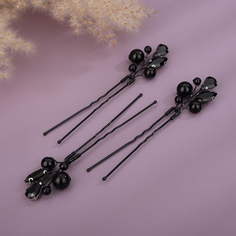 Kercisbeauty 3Pcs Small Cute Black Rhinestones Beads Hair Pins Set for Women Girls Halloween Party Prom Hair Jewelry Wedding Bridal Handmade Hair Piece image number 5