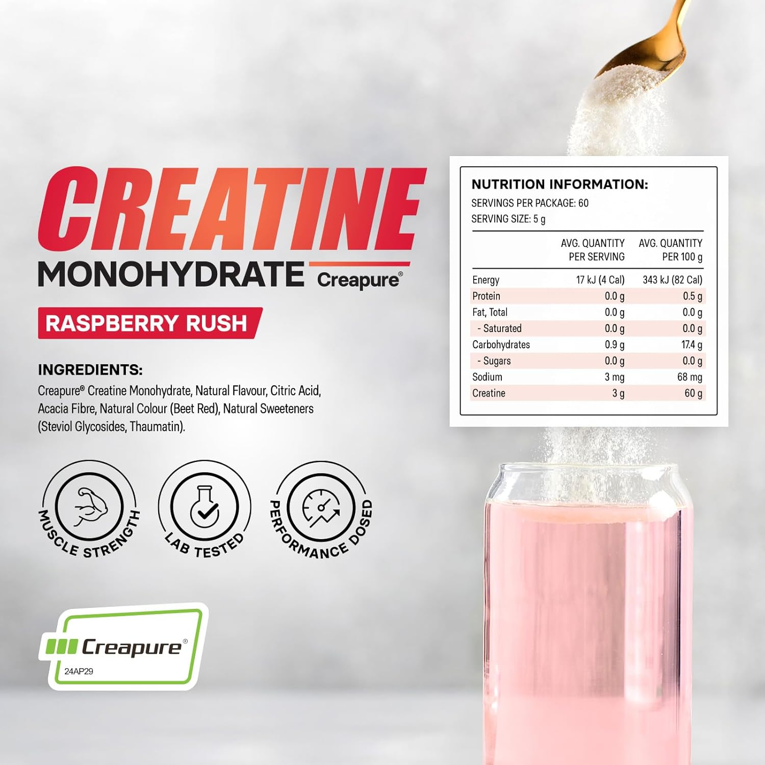 ALPHAFIT Creapure&reg; Creatine Monohydrate Powder, Muscle Growth & Power, Raspberry, HASTA Certified, 300G image number 2