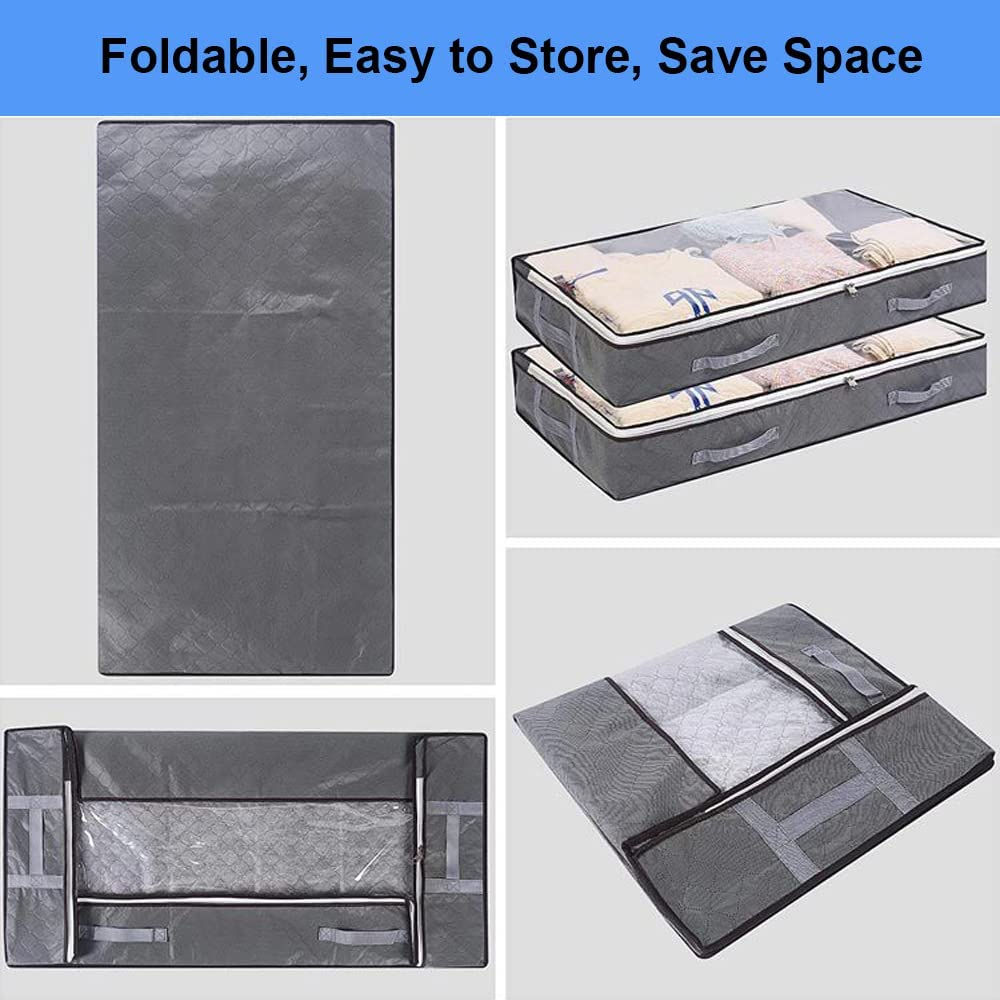 Under Bed Storage Containers, 4-Pack Large Capacity Underbed Storage Bags Organizer, Thick Fabric Storages Bins with Clear Window and Handles for Blanket, Comforter, Bedding, Clothes, Black - Black image number 4