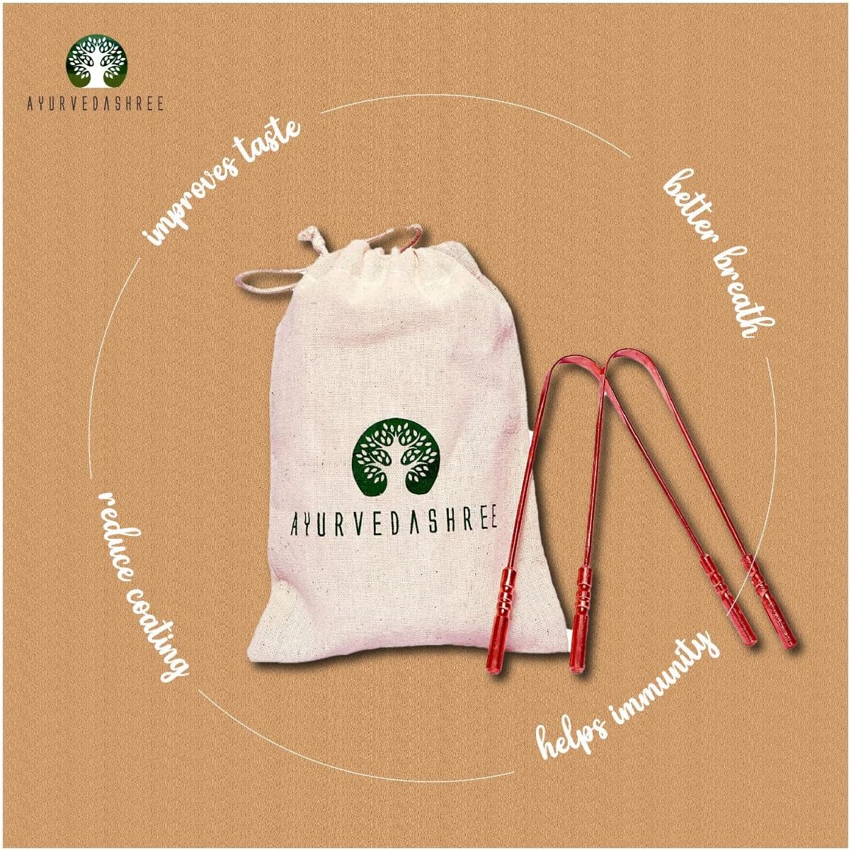 AYURVEDASHREE Copper Tongue Cleaners with Comfort Grip Premium Grade Pure Copper 2 Tongue Scraper with 1 Travel & Storage Bag image number 1