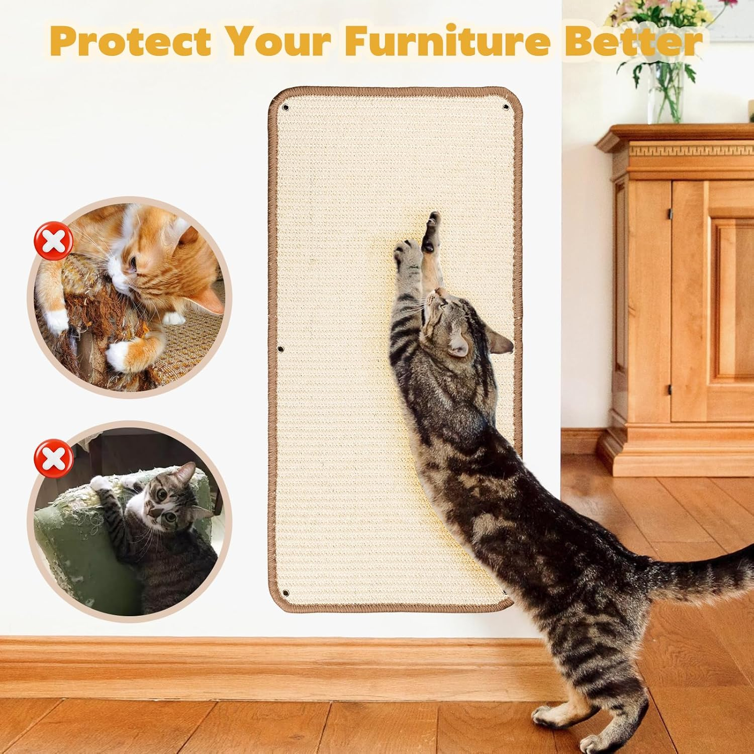 VABNEER 60 X 30 Cm Cat Scratching Board Wall Sofa, 1 Piece Sisal Cat Scratching Mat for Furniture Protection image number 2
