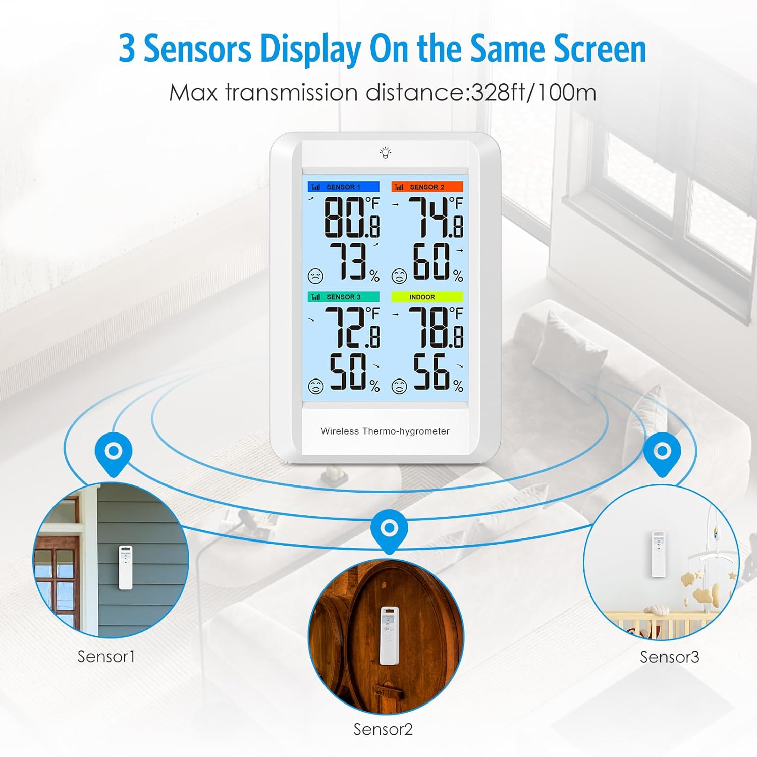 AMIR Indoor Outdoor Thermometer Hygrometer Weather Stations, Digital Hygrometer Wireless Indoor Thermometer with Backlight, Temperature Humidity Monitor Gauge with 3 Remote Sensors, 328Ft Range image number 1