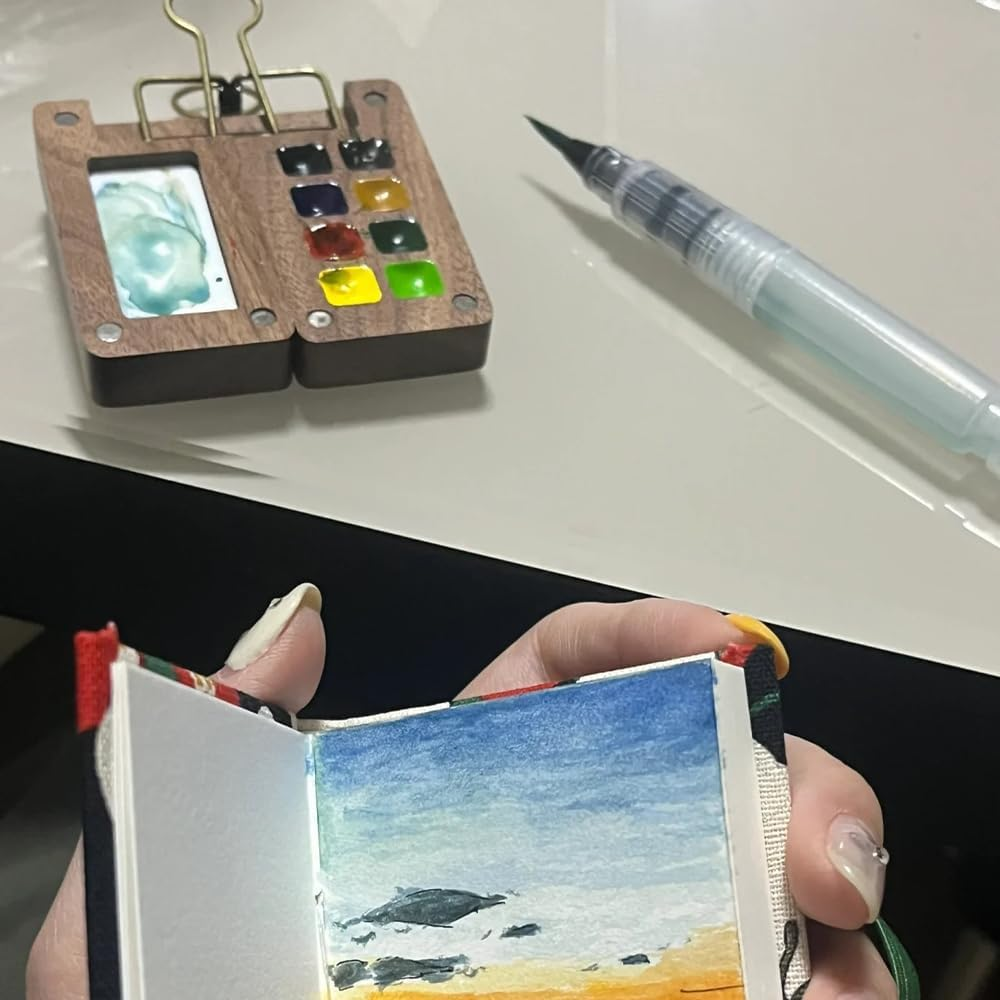 8 Grid Mini Portable Watercolor Palette with Clip, Wooden Mini Paint Palette Artist Palette Sketchbook Palette 2.4Inches image number 3