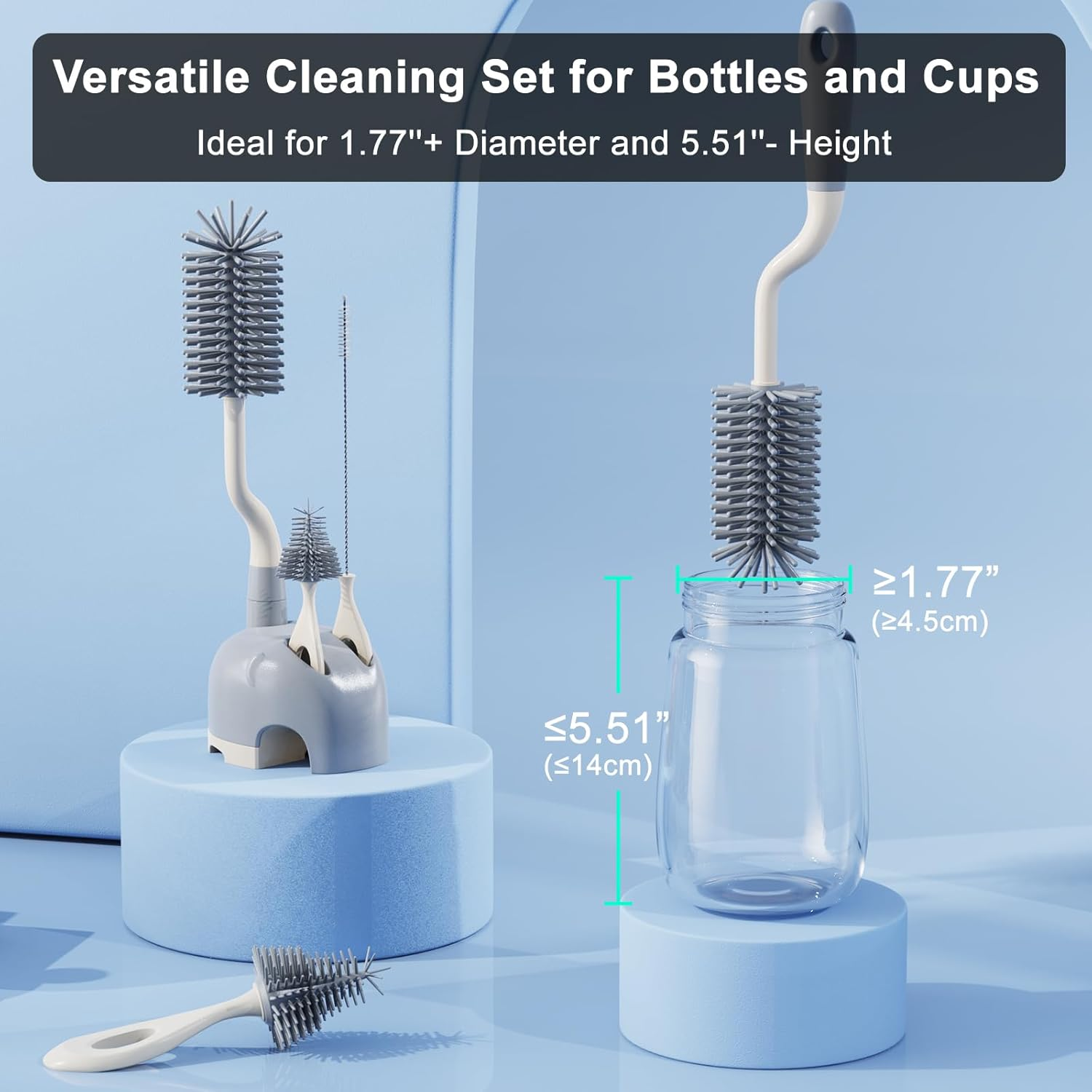 Silicone Bottle Brush Set with Stand, 360&deg; Rotating Bottle Cleaning Brush Cleaner Set, Long Handle 3 in 1 Multipurpose Silicone Baby Bottle Straw Cleaner Brush (Grey) - Green-Orange image number 5