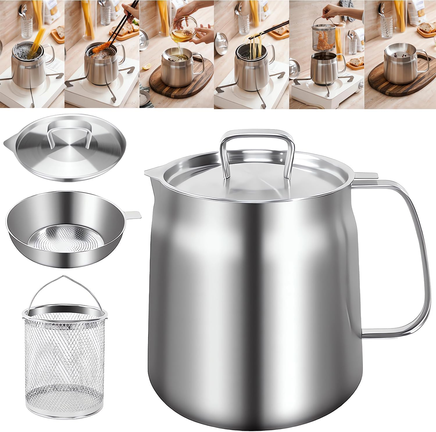 304 Stainless Steel Oil Filter Pot with Filter Basket and Mesh, 2.0L Large Capacity Versatile Oil Filter Vessel for Storing, Frying, and Cooking Grease image number 6