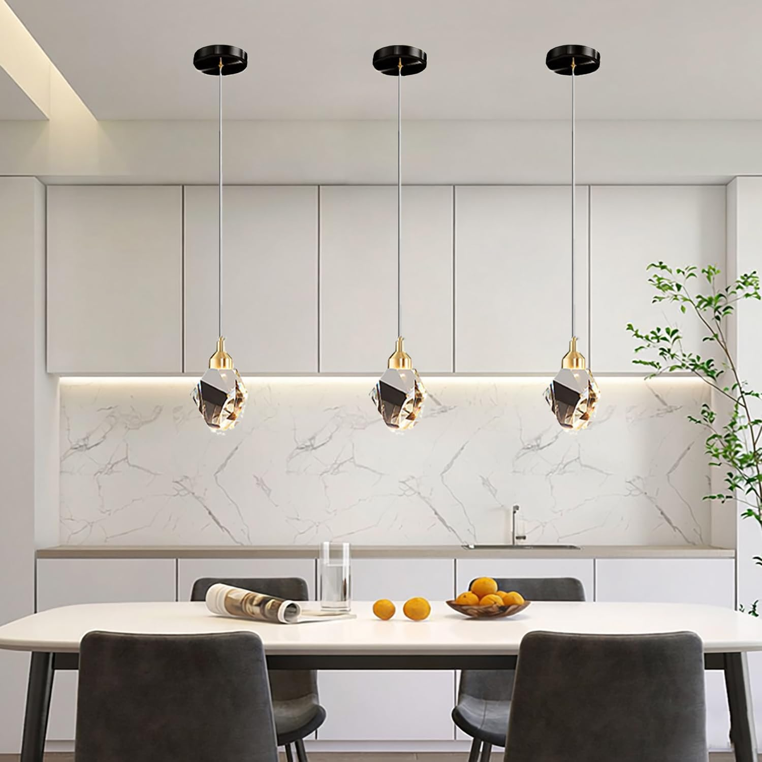 Modern Crystal Pendulum Light, 3-Color Led Suspender Lights, for Kitchen Bedroom Living Room Dining Room Lighting (Black) - Gold image number 5