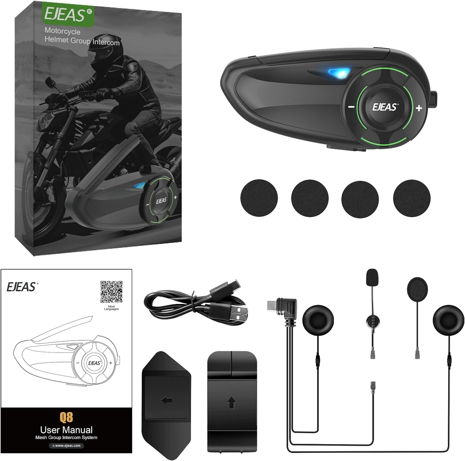 EJEAS Q8 1PC Motorcycle Bluetooth Headset, Upgraded Mesh 3.0 Intercom System with Music Sharing and IP67 Waterproof for 6 Riders Group Talking image number 5