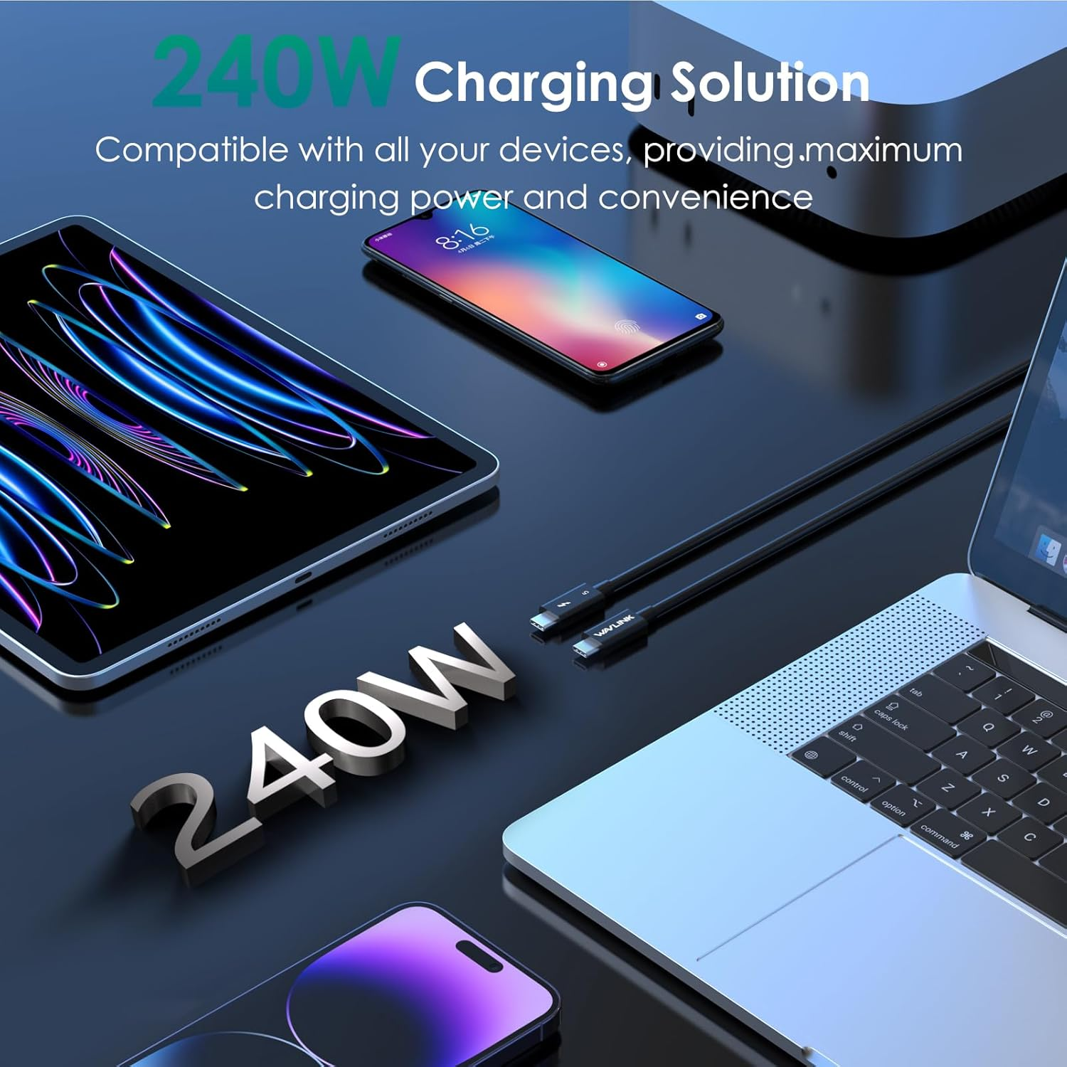 WAVLINK Thunderbolt 5 Cable, 120Gbps Fast Data Transfer and 240W Power Delivery USB-C Cable, 8K/16K Display Support, Backwards Compatible Tb4/3/Usb4/3,Ideal for Gaming,Laptops,Monitors and Docks-0.29M image number 5