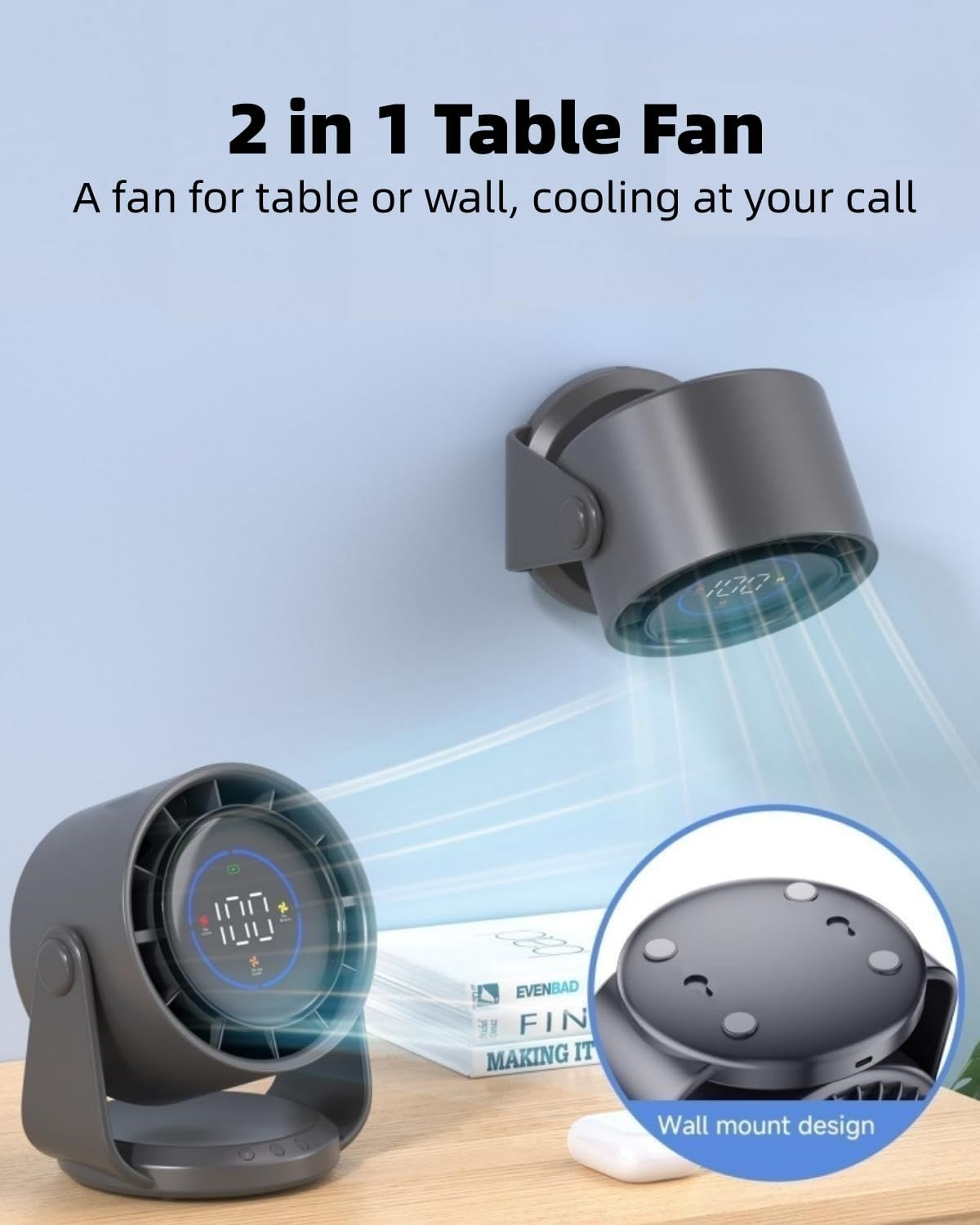 TUXOIUBA Desk Fan with Battery Operated, Turbo Table Fan for Bedroom, 4-Speed Digital Display, Low Noise, 105&deg; Adjustable Tilt, Personal Desktop Fan for Bedroom Office, Black image number 3