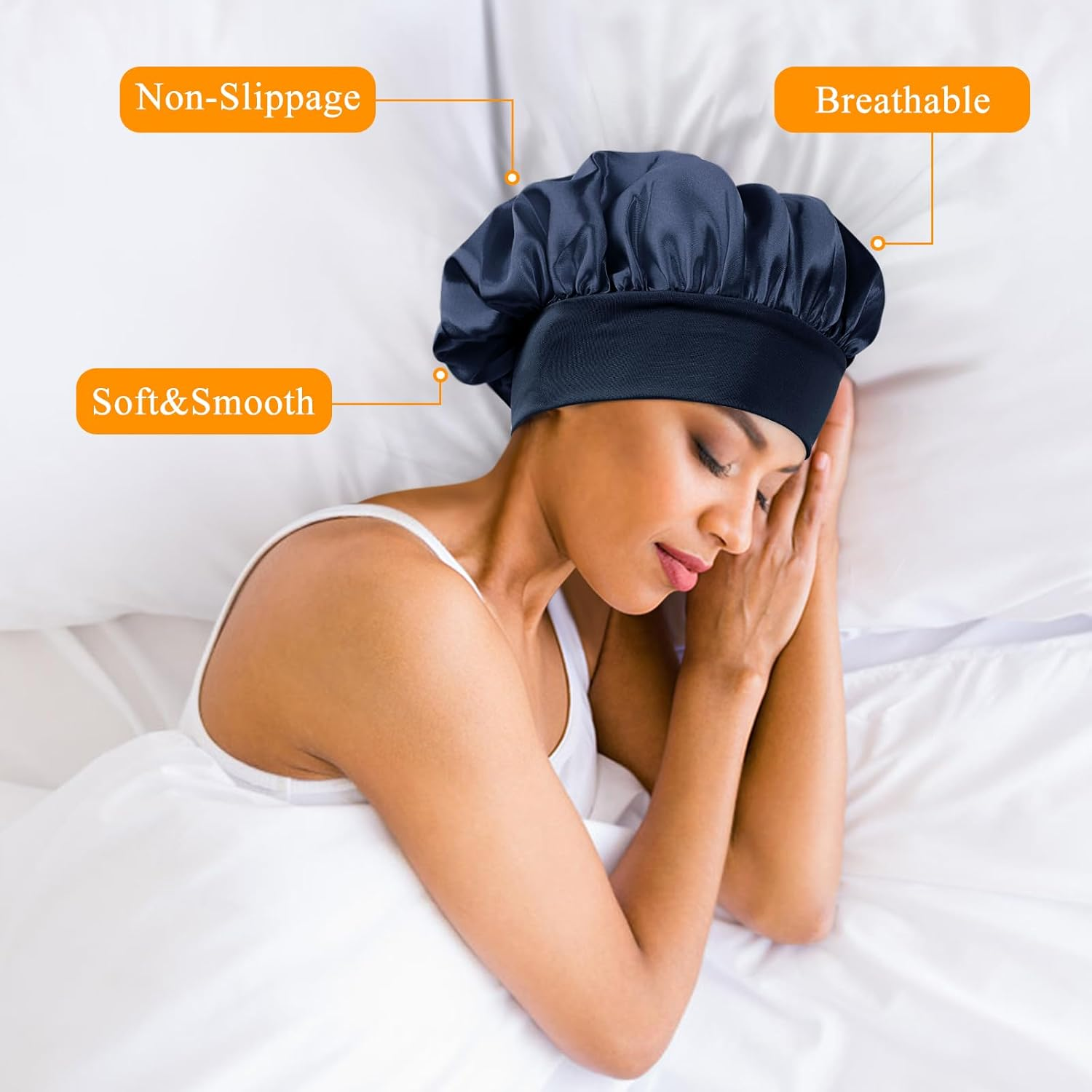 [2 Pcs]Satin Bonnet Silk Hair Bonnet with Wide Elastic Band, Hair Bonnet Silk Hair Wrap for Sleeping, Soft Head Cover Sleeping Hat Night Sleep Cap for Women Men Curly Hair - Black+Red image number 6