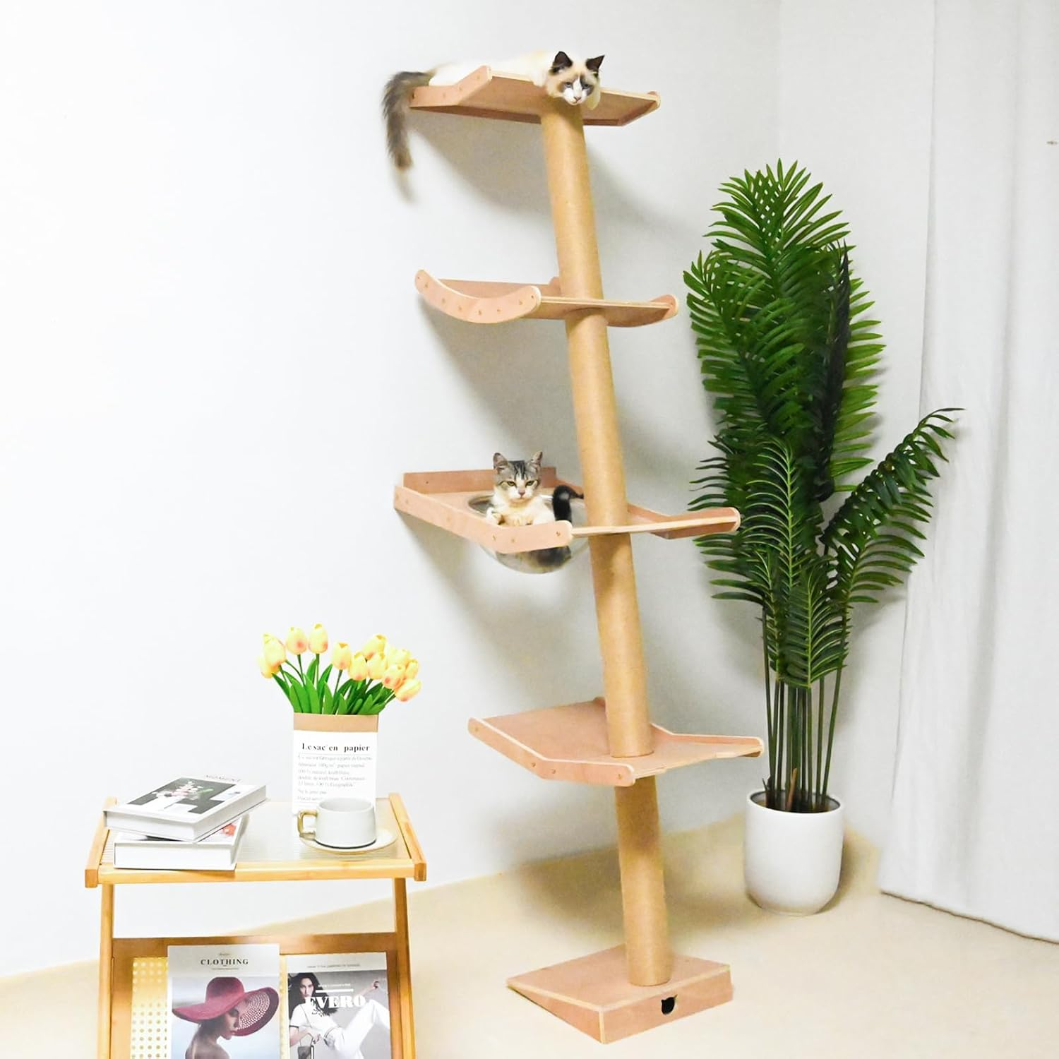 Cat Tree with Hammock, Tall Wall Mounted Wood Scratching Post for Indoor Cats Climbing Activity Tower (Single) image number 1