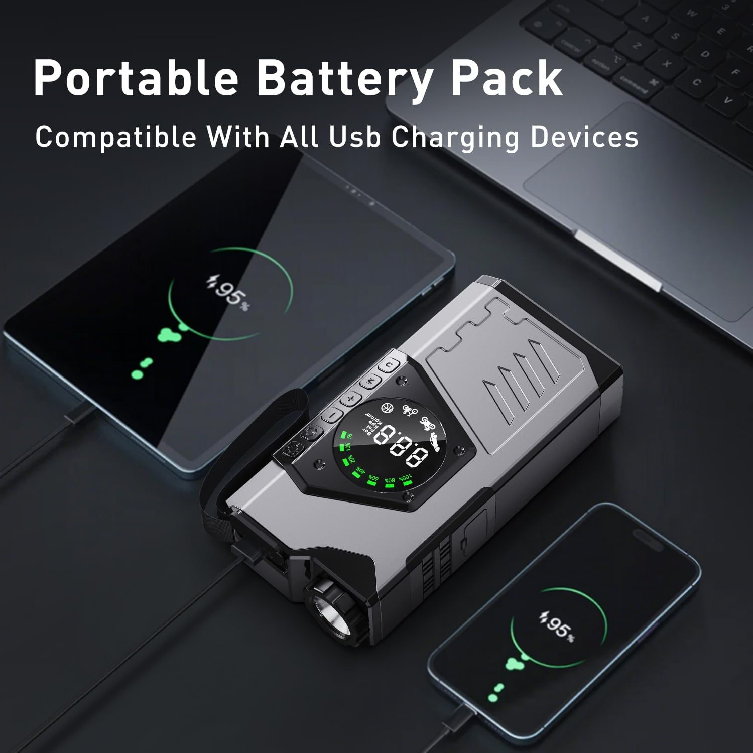 Portable Car Jump Starter with Air Compressor, 3000A Portable Jump Starter Pack with 150PSI Tire Inflator, 12Volt Jump Start Battery Pack with LCD Display/Flashlight (Up All Gas/8.5L Diesel) image number 2