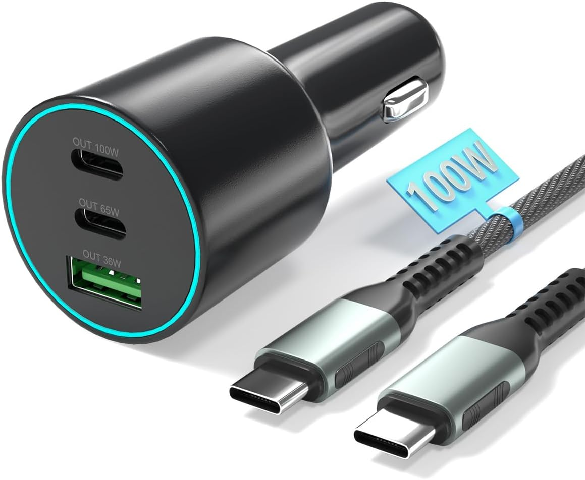 165W USB C Car Charger Fast Charging, 3 Ports Cigarette Lighter Adapter,Pd3.0 PPS 100W 65W,Compatible with Iphone 16 15 14 13, Galaxy S25 S24, Ipad, Macbook,With a 100W USB C Cable
