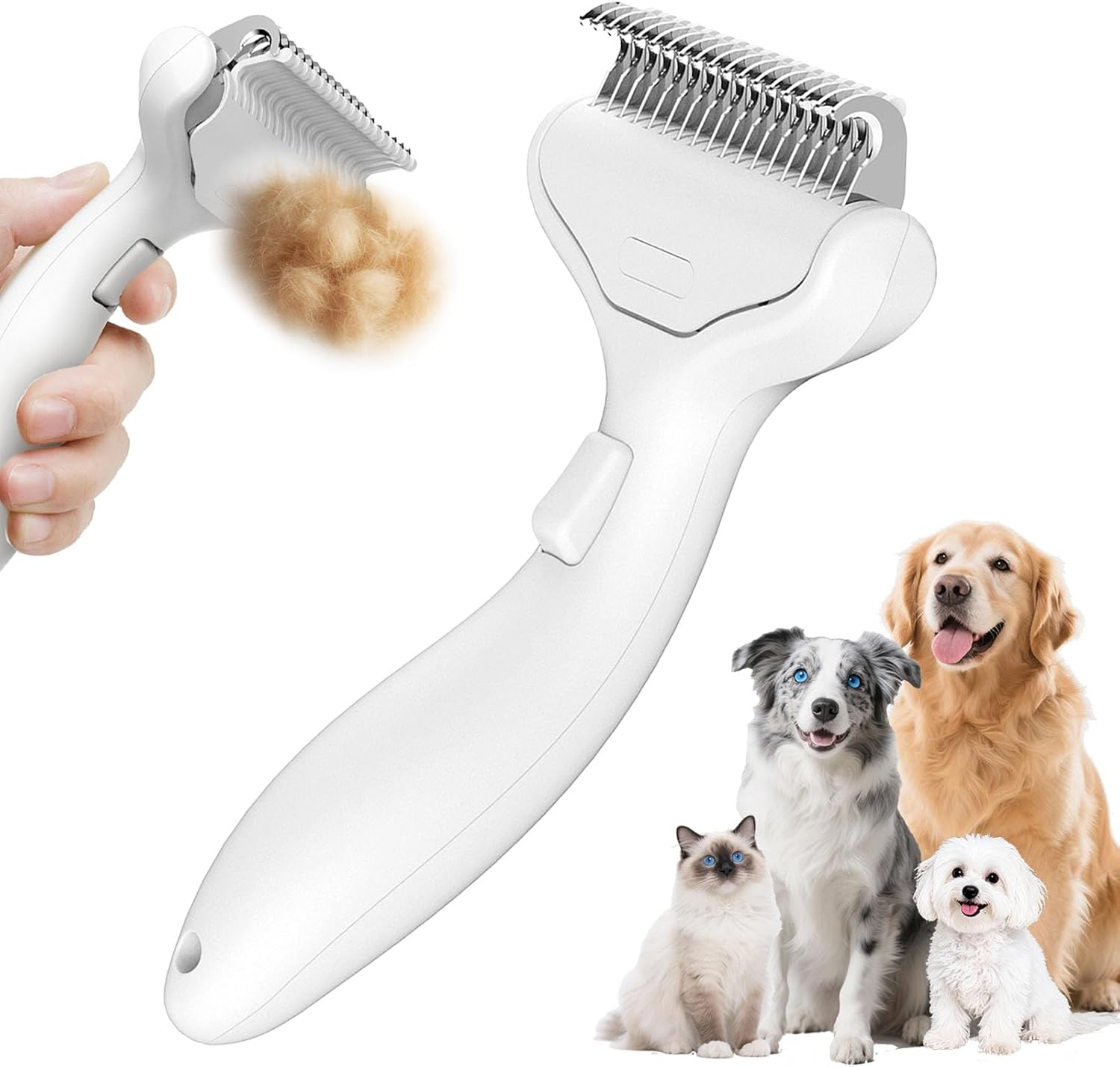 Cat & Dog Grooming Brush &ndash; Dematting Comb & Undercoat Rake for Medium to Long Hair Pets, Easy One-Click Hair Removal