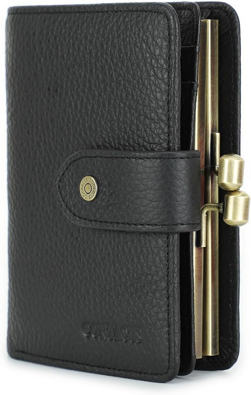 Full Grain Leather Kiss Lock Wallet for Women Kiss Clasp Coin Purse Vintage Bifold Card Holder RFID Wallet, Bean Paste Pink, Vintage