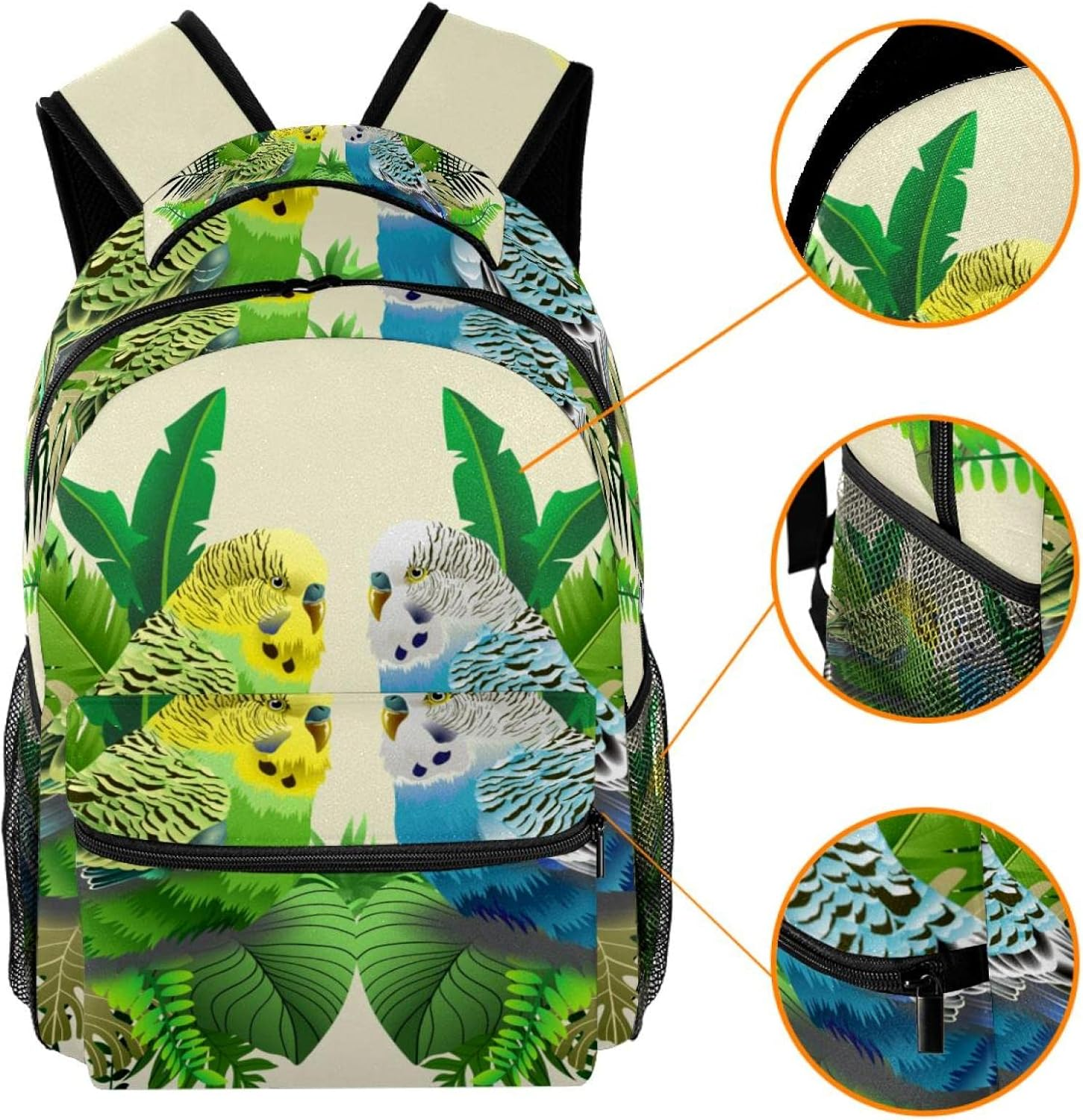 Green and Blue Budgie in Leaves Backpack Students Shoulder Bags Travel Bag College School Tote Backpacks image number 5