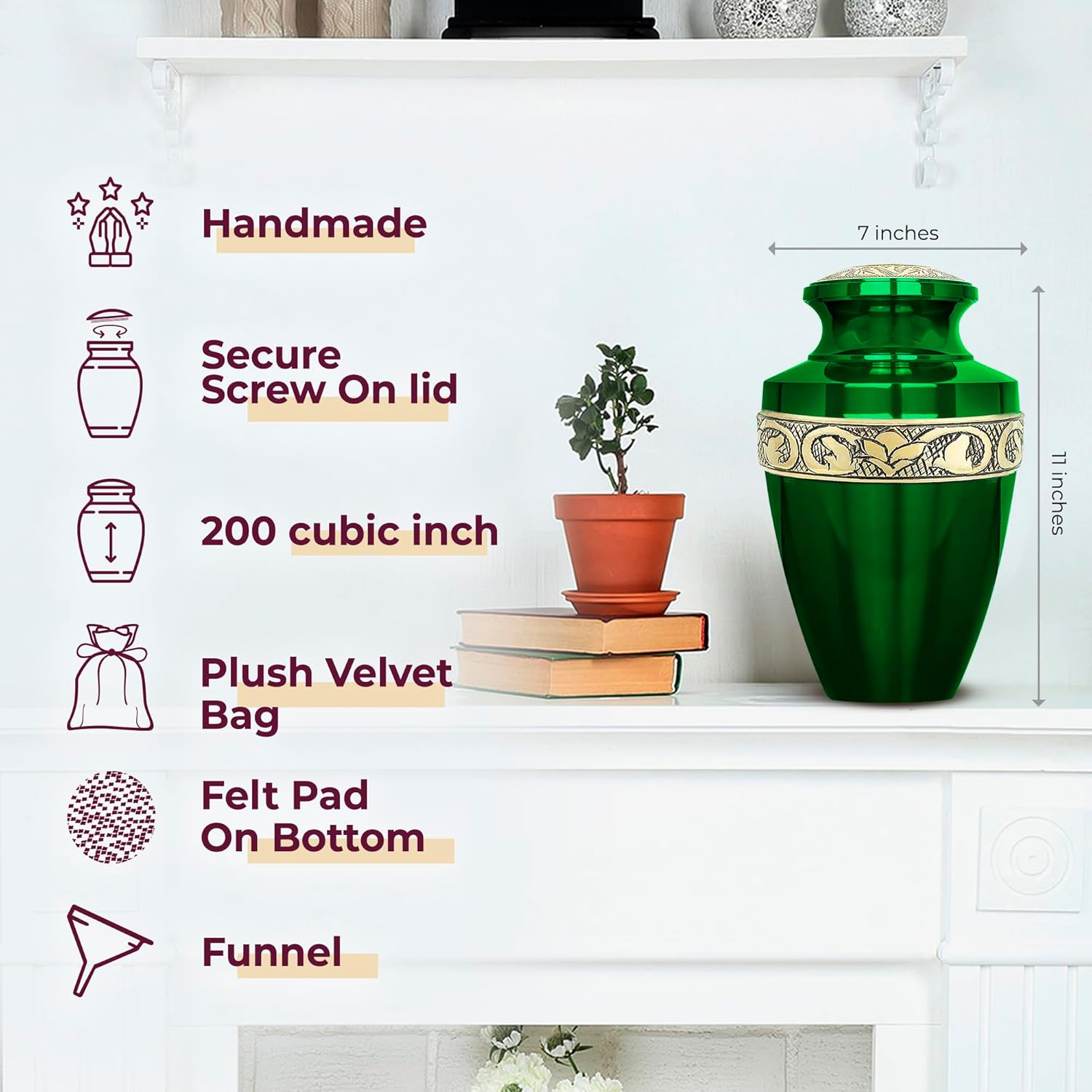 Serenity Large Green Beautiful Adult Cremation Urn for Human Ashes - W Velvet Bag image number 4