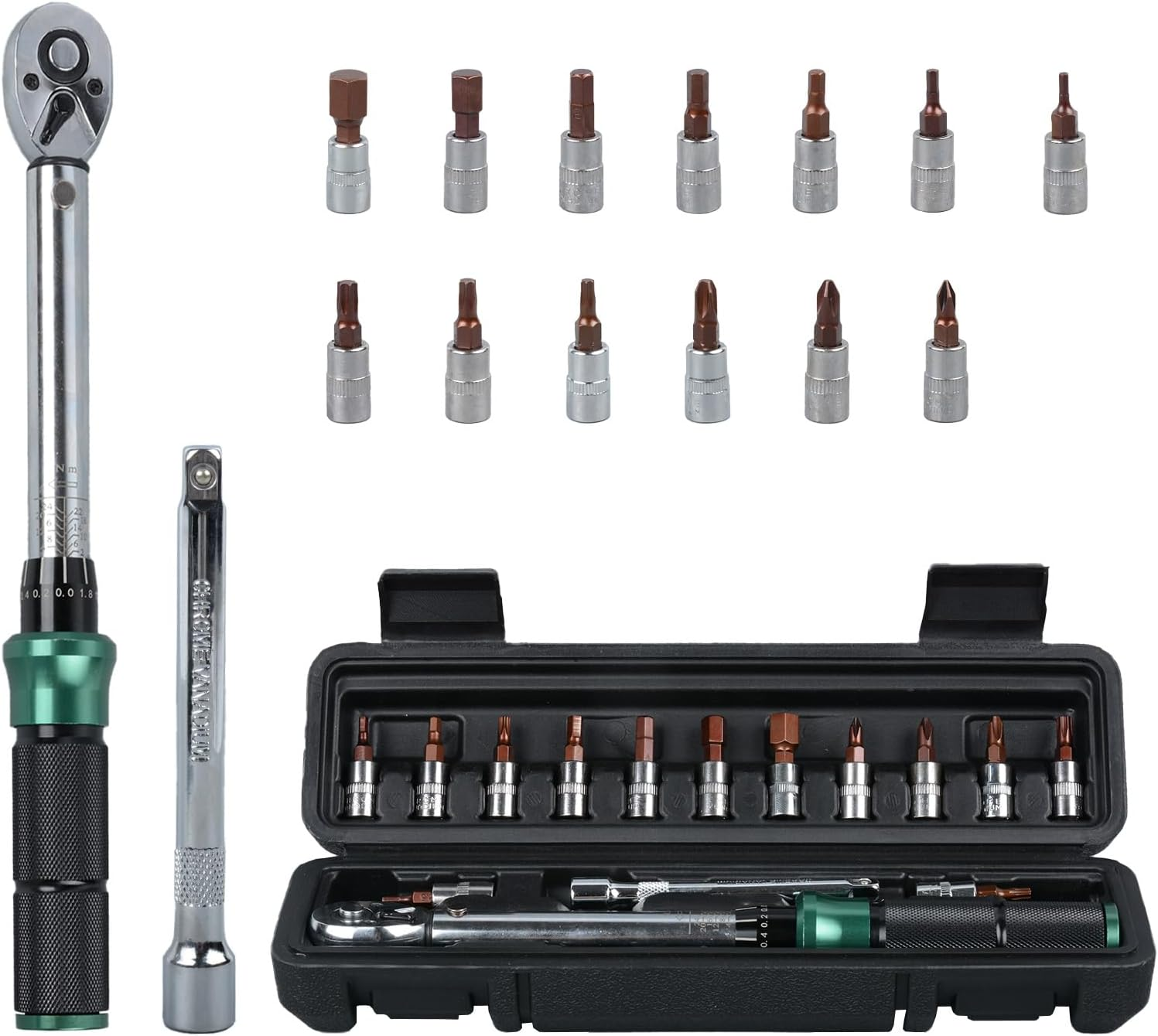 Bike Tool Kit Professional, 1/4 Inch Drive Click Torque Wrench Set, 2-24 Nm, 15 Pcs Bike Torque Wrench Set with Dual-Direction, Dual Range Scales Inch Pound Torque Wrench for Bicycle, Motorcycle