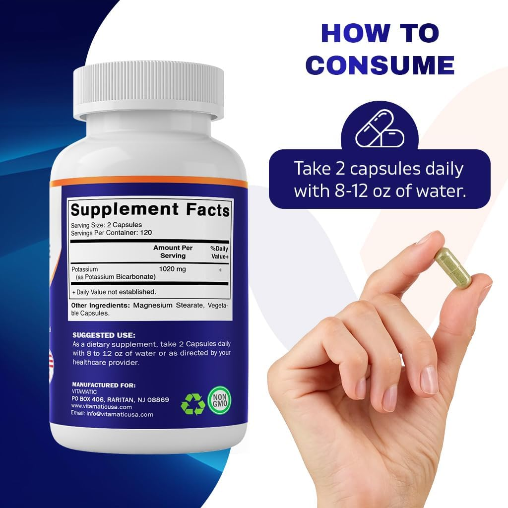 Vitamatic Potassium Supplement, 1020 Mg, 240 Vegtable Capsules - Non-Gmo - Gluten Free - Made in USA image number 2