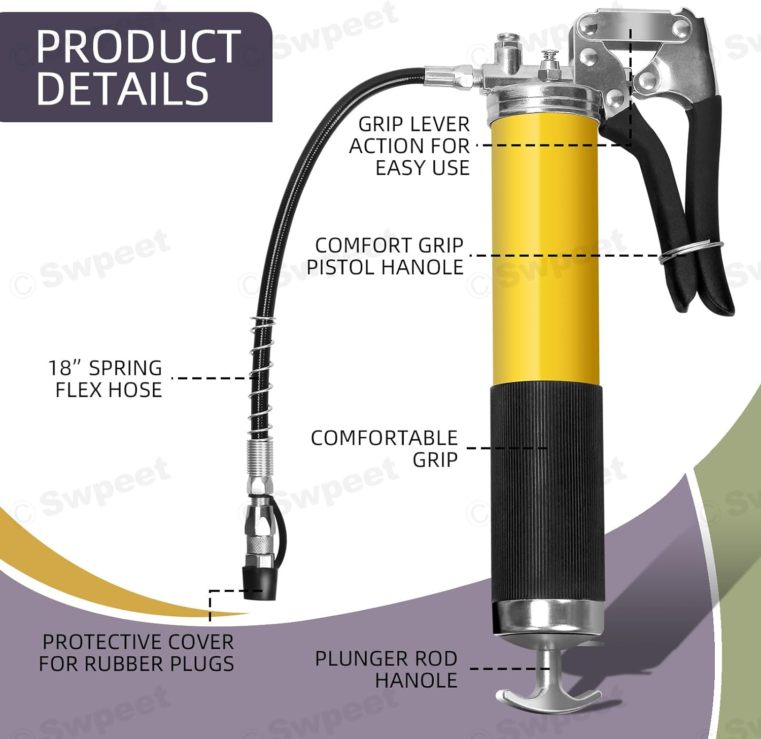 Swpeet 7Pcs 8000 PSI Yellow Heavy Duty Pistol Grip Grease Gun Kit with 14 Oz Load Includes 12" Spring Flex Hose 5" Bend Pipe Straight Pipe 1" Sharp Type Nozzle 2Pcs 1" Normal Coupler for Zerk Fittings image number 4