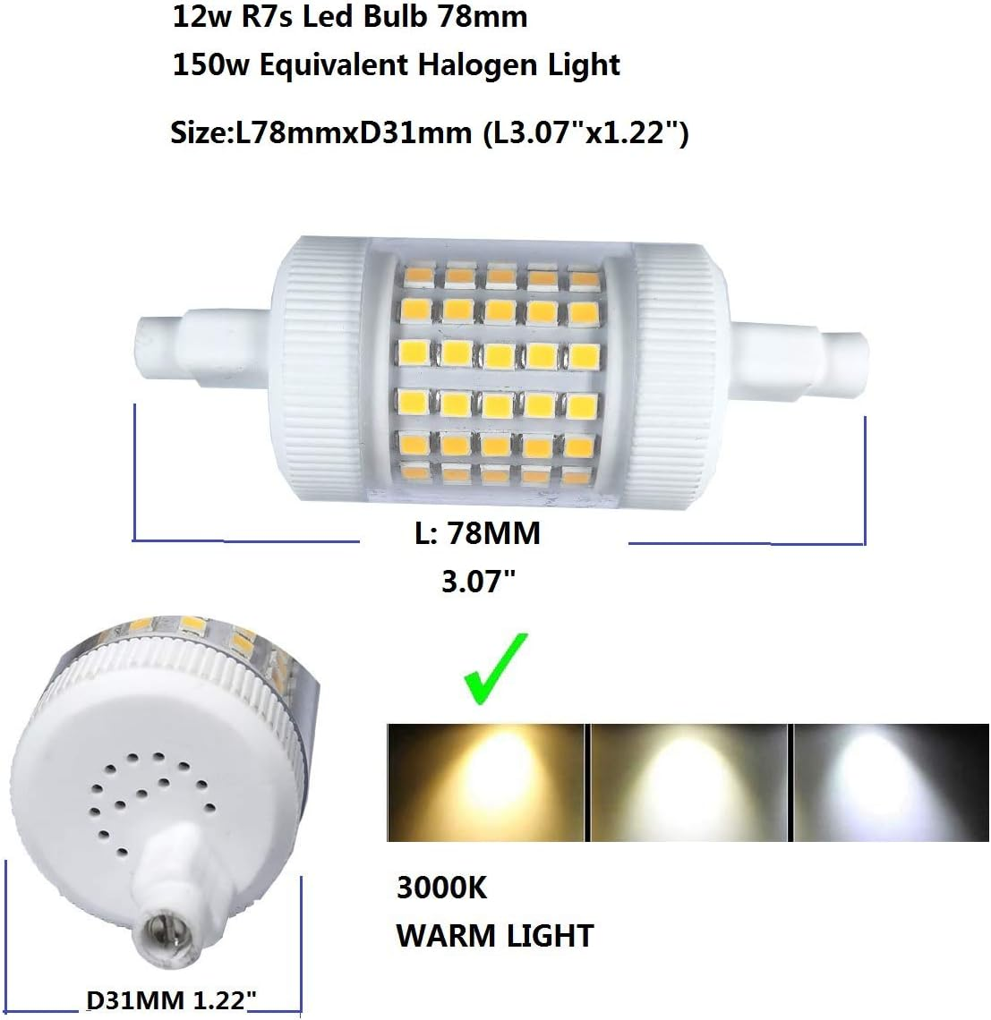 QLEE 12 W R7S LED Lamp 78 Mm 150 W Equivalent Halogen Lamp 3.1 Inch Dimmable Double-Ended J Base T3 R7S 78 Mm LED Lamp 220 V Floodlight Reading Work Safety Floor Lamp Soft Light 2 Pieces image number 2