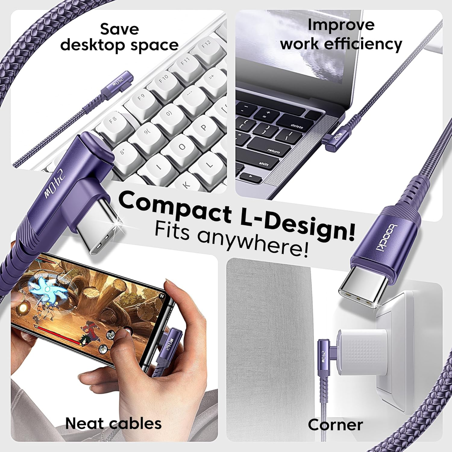 Toocki 240W 2Pack USB C to USB C Cable [3M+3M], PD3.1 Fast Charging & 480Mbps, Nylon Braided Right Angle Type-C Cord for Iphone 17/Iphone 16 Pro Max/Macbook Pro/Ipad/Galaxy S25, Purple image number 6