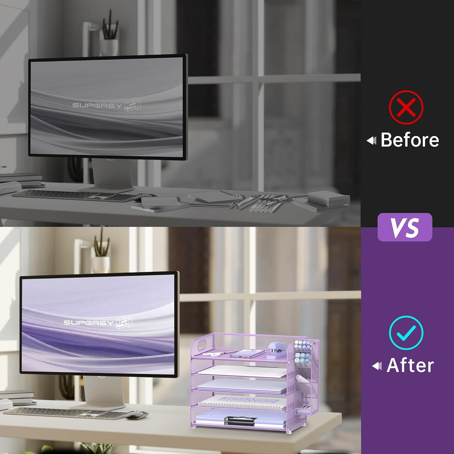 SUPEASY 5 Tier Desk Organizer with Handle & Removable Pen Holders, Mesh Paper/File Organizer for Desk, Paper Letter Tray Organizer for Office Supplies (Purple) image number 4