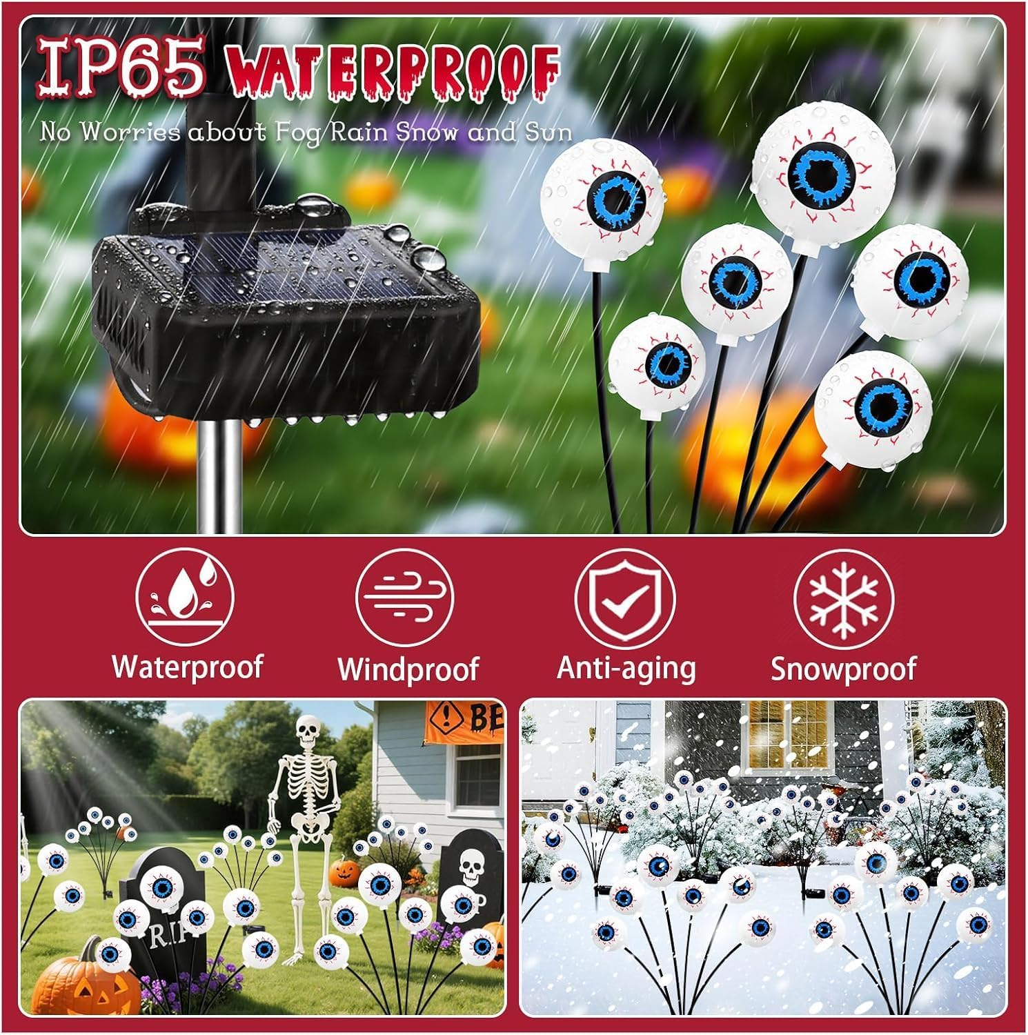 2-Pack Solar Halloween Eyeball Lights - 16 LED Green Outdoor Pathway Lights with 2 Modes, Swaying Firefly Effect, Waterproof Decor for Garden, Yard & Lawn (RED) image number 6