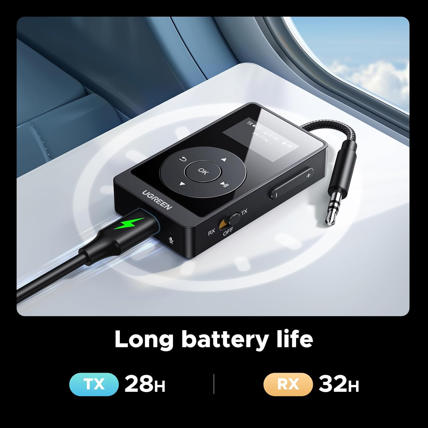 UGREEN Airplane Bluetooth 5.3 Transmitter Receiver for 2 Airpods, Aptx Adaptive/Hd Audio 3.5M Aux Bluetooth Adapter for Airplane TV Wireless Headphones, Travel Essentials for Flying image number 6