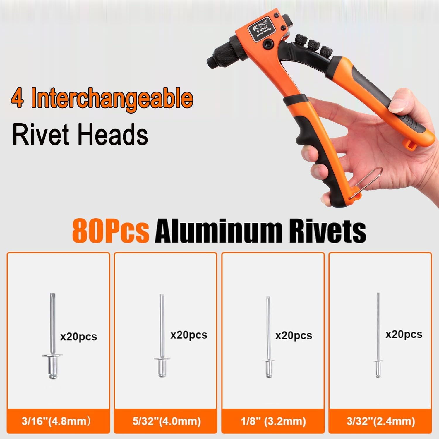 Manual Rivet Gun Kit with 80 Free Aluminum Rivets, Hand Riveter Single Rivet Tool,Manual Short-Inch Rivet Tool, Stainless Steel Rivet Machine image number 1
