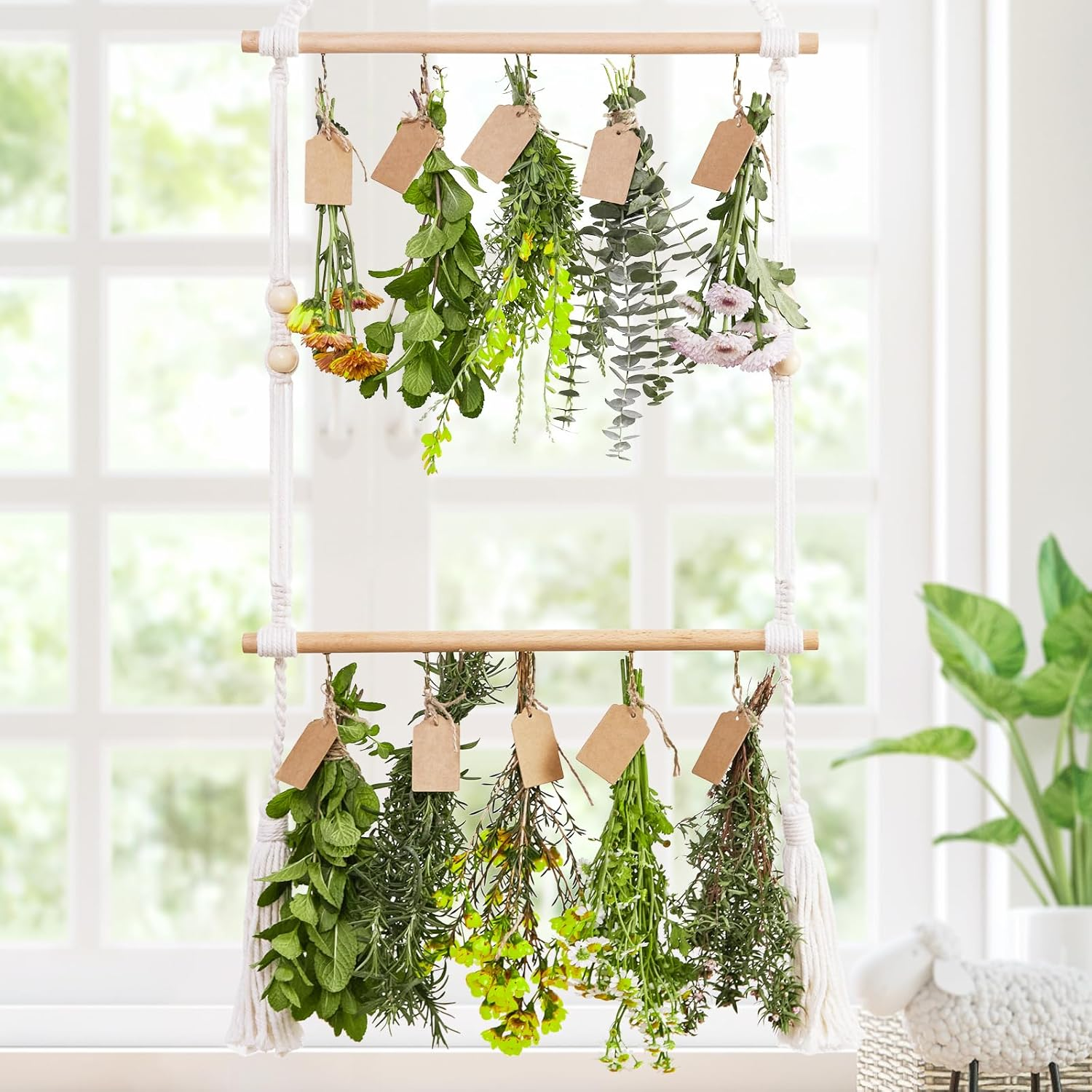 PROTITOUS 2Tier Herb Drying Rack Flower Drying with 25PCS Brown Gift Tags and 32Ft Natural Jute Twine Herb Dryer,Herb Drying Rack,Hanging Herb Dryer Rack, Ivory image number 3