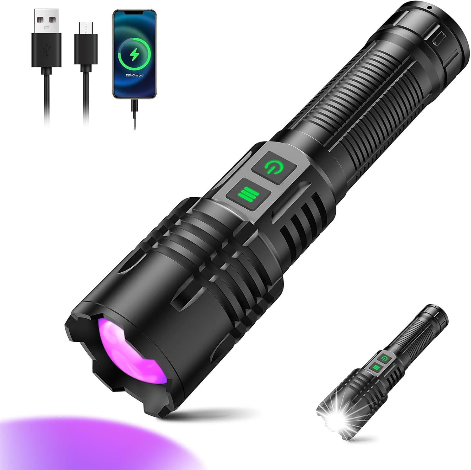 2-In-1 365Nm UV Torch & LED Flashlight Rechargeable, 30W Zoomable UV Light Black Light Torch for Pet Urine Detection, Resin Curing, Rocks, Scorpions, Waterproof Flashlights for Camping, Emergency