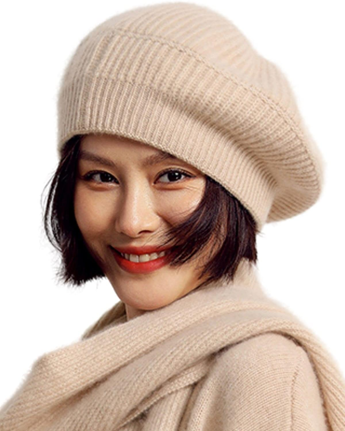 Cashmere Berets Hats Women Winter Warm Merino Wool Knitted Oversized Beige Beanie