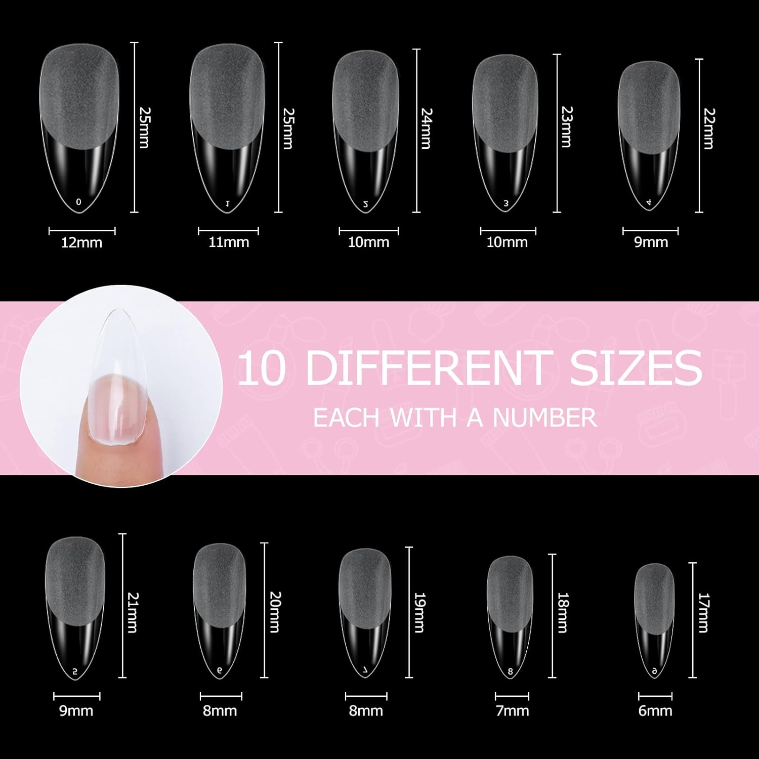 Nail Tips, 500 Pieces False Nail Acrylic Artificial Nail Tips with Storage Case for Nail Salons and DIY Nail Art at Home 10 Sizes (Almond Shape)