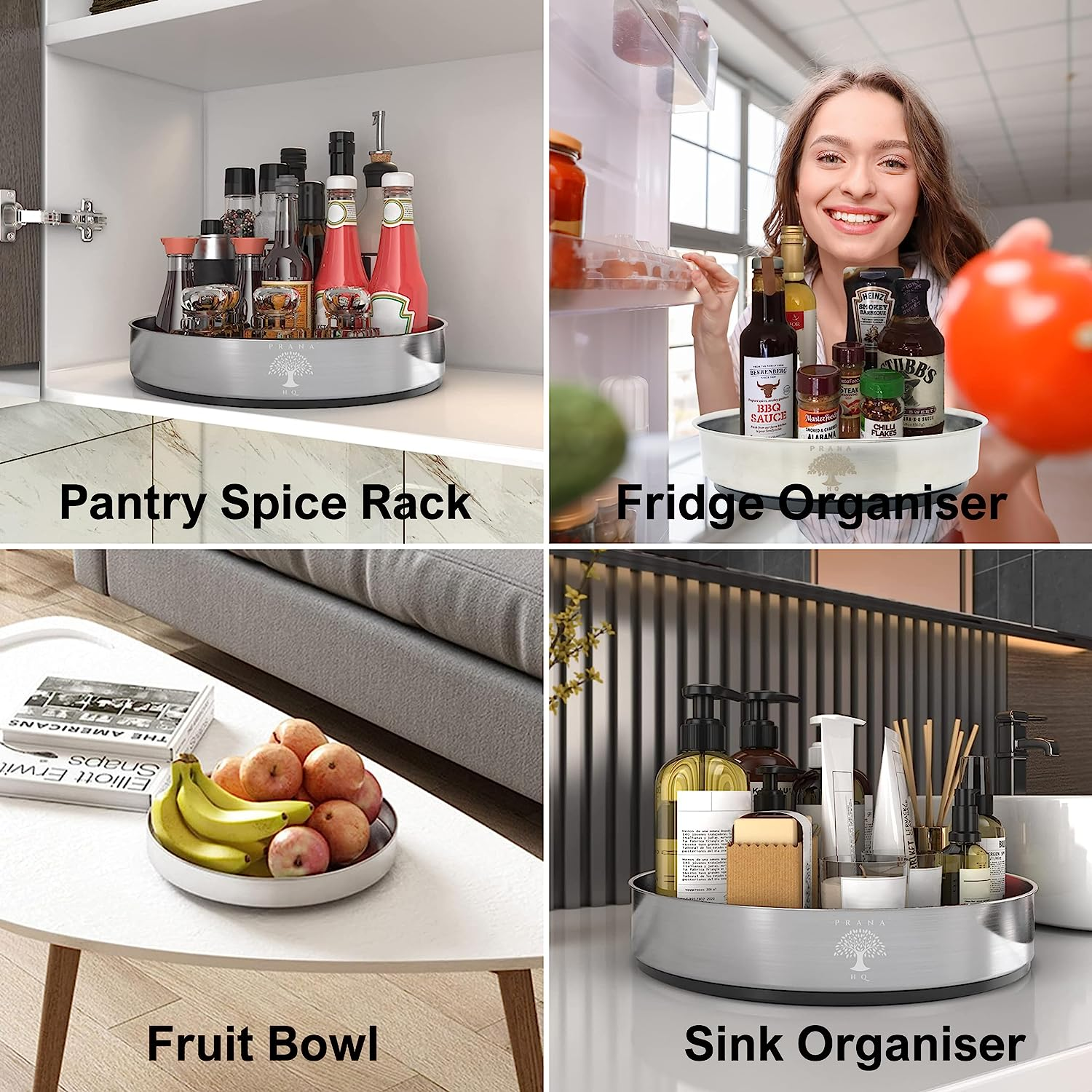 Prana HQ Lazy Susan Turntable Organiser -10" Stainless Steel Rotating Tray-Storage & Organisation of Spice Jars,Sauce & Oil Bottles,Condiments in Pantry,Kitchen Benchtop, Fridge,Table.Smooth Spin. image number 2