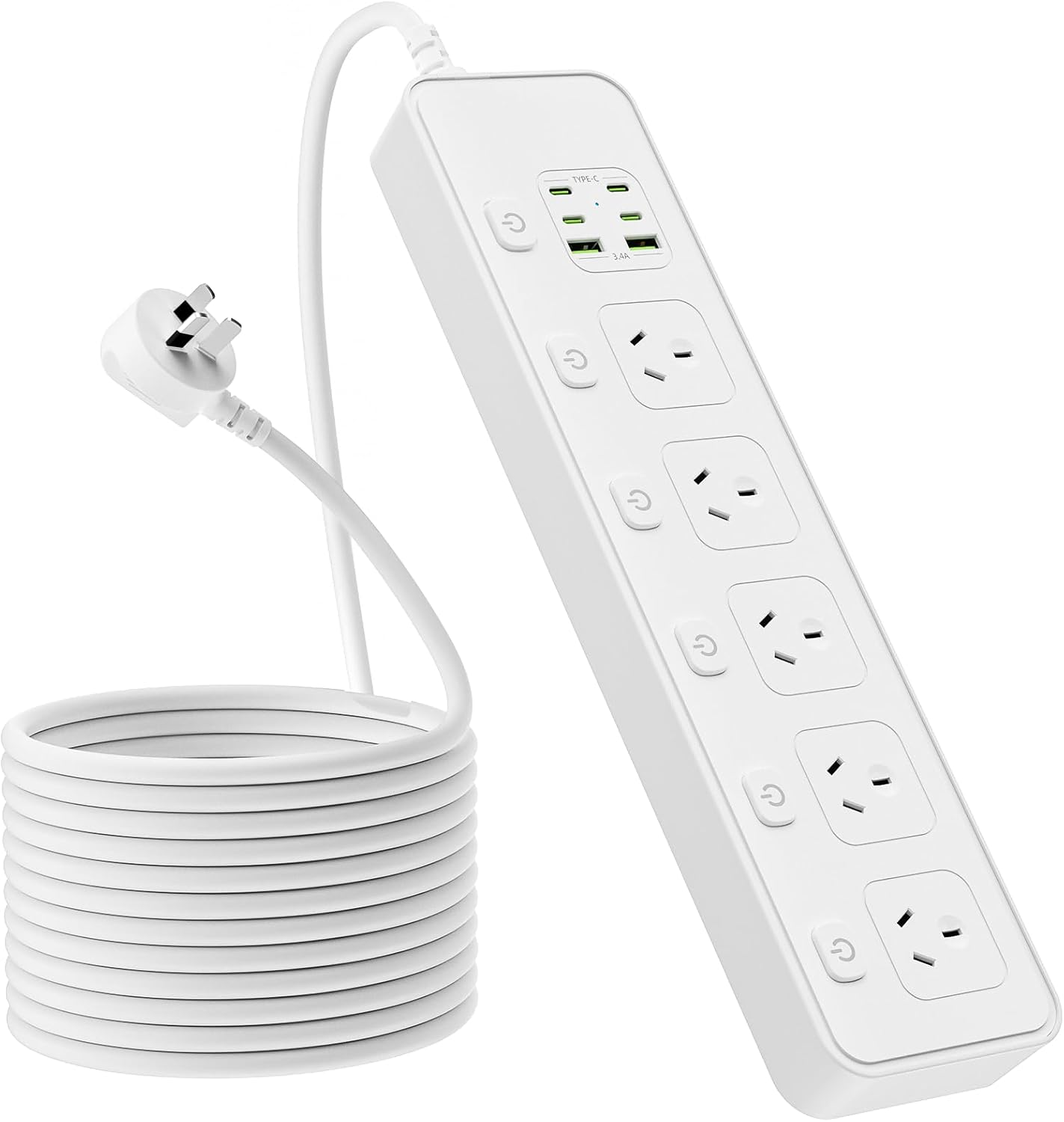 Power Board Individual Switch,11-In-1 Power Strip with 5 AC Outlets, Surge Protector Powerboard with 6 USB Ports(4 USB C Outlets), 1.8M Extension Cord Power Strip,Wall Mount for Home Office- White