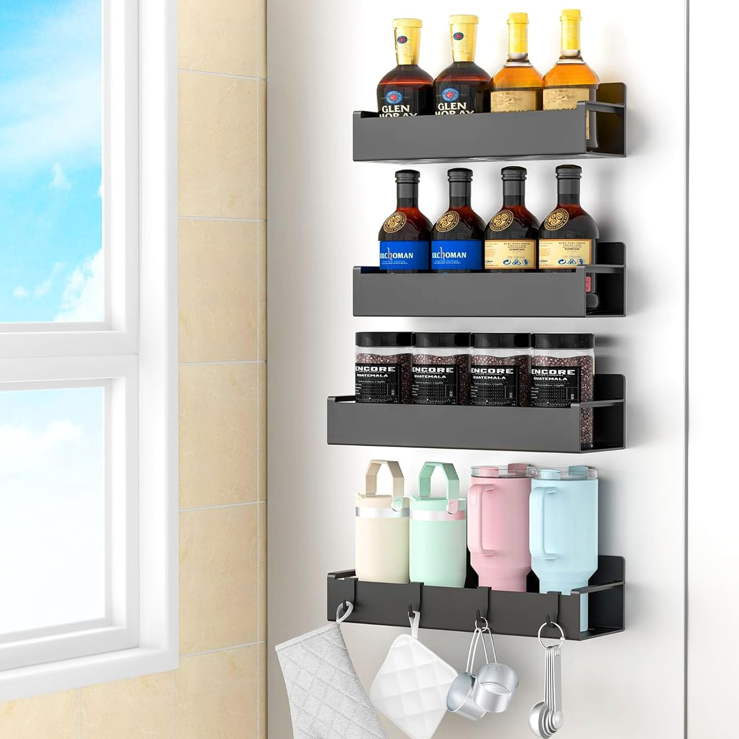 4 Pack Magnetic Spice Rack Organizer for Refrigerator, Magnetic Shelf for Refrigerator and Microwave Oven, Metal Fridge Organizers and Storage for Kitchen (Black)