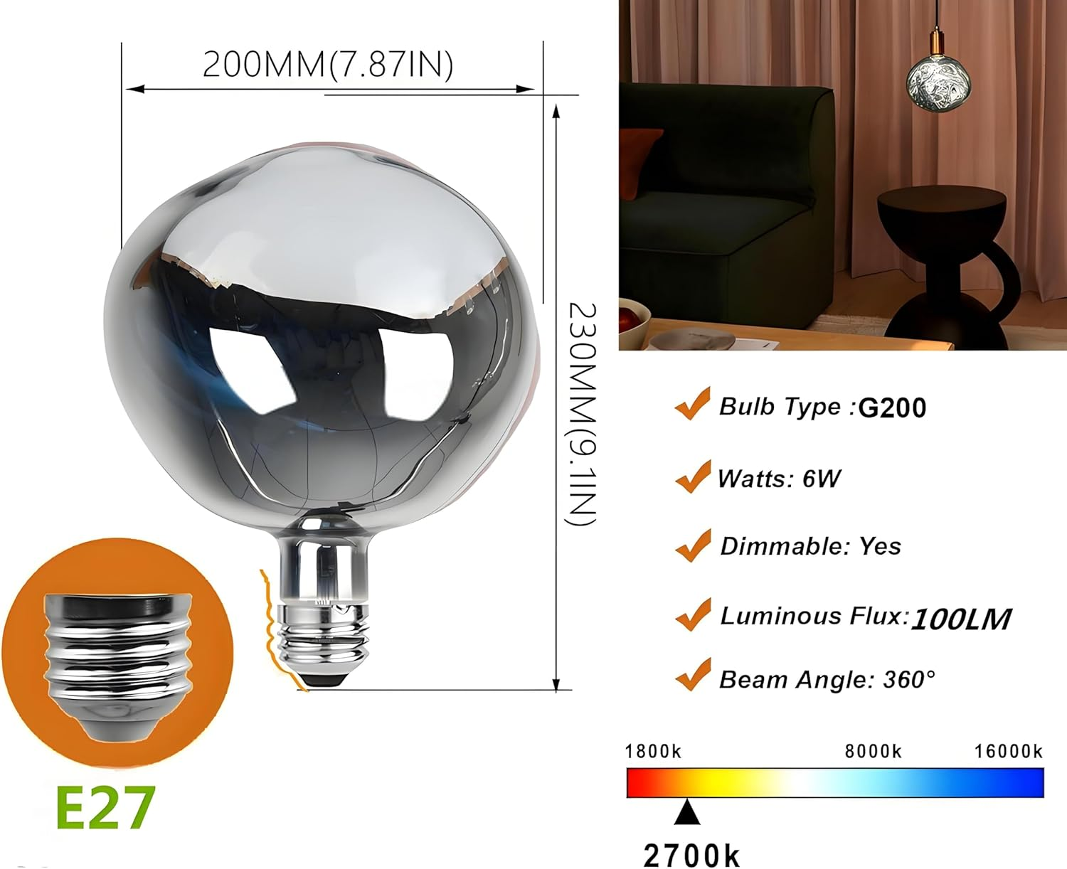 Vanpus Giant LED Decoration Bulb, 6W Dimmable 2700K Warm White, E27 Base, CRI 90+, Flicker-Free, Handmade Nickel-Plated Silver Look image number 5