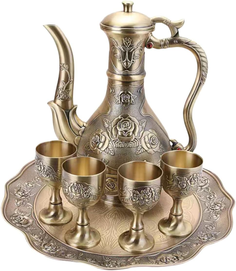 LABRIMP Vintage Turkish Tea Set Metal Espresso Coffee Pitcher with Artistic Rose Embossing Fade-Resistant Bronze Finish Elegant Court Style Coffee Decanter Tray for Home Bar Wedding And image number 4