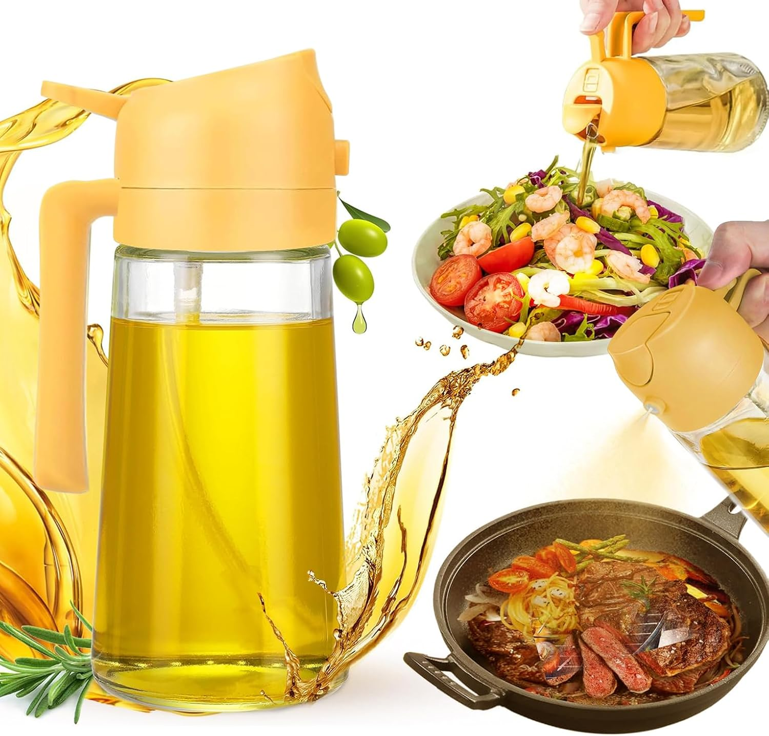 Mumoo Bear 16Oz/470Ml Olive Oil Dispenser - 2 in 1 Olive Oil Spray Bottle for Cooking, Kitchen Tools, Air Fryer, Salad, and BBQ - White