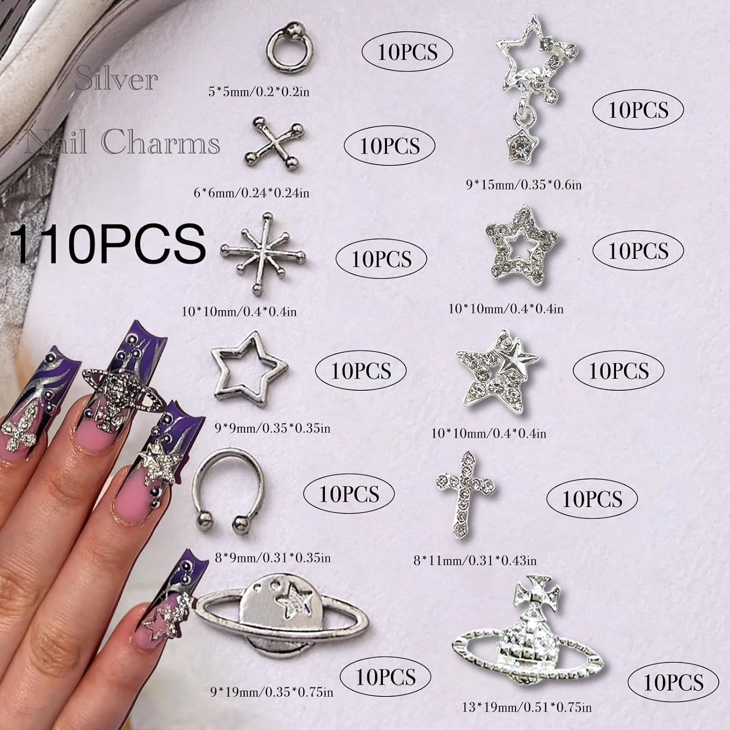 110Pc Star Nail Charms, Silver Star Planet Cross Alloy Nail Art Decoration image number 3