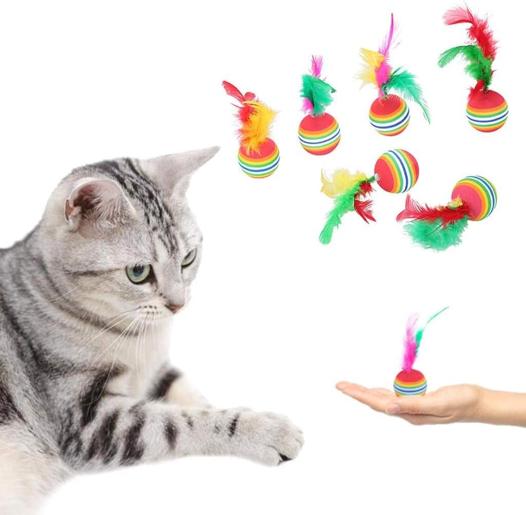 Pack of 6Pcs Cat Balls Soft EVA Foam with Feathers Colorful Rainbow Balls Interactive Kitten Cats Small Dogs Puppies Doggies Quiet Indoor Outdoor Play Activity Chase Training image number 2