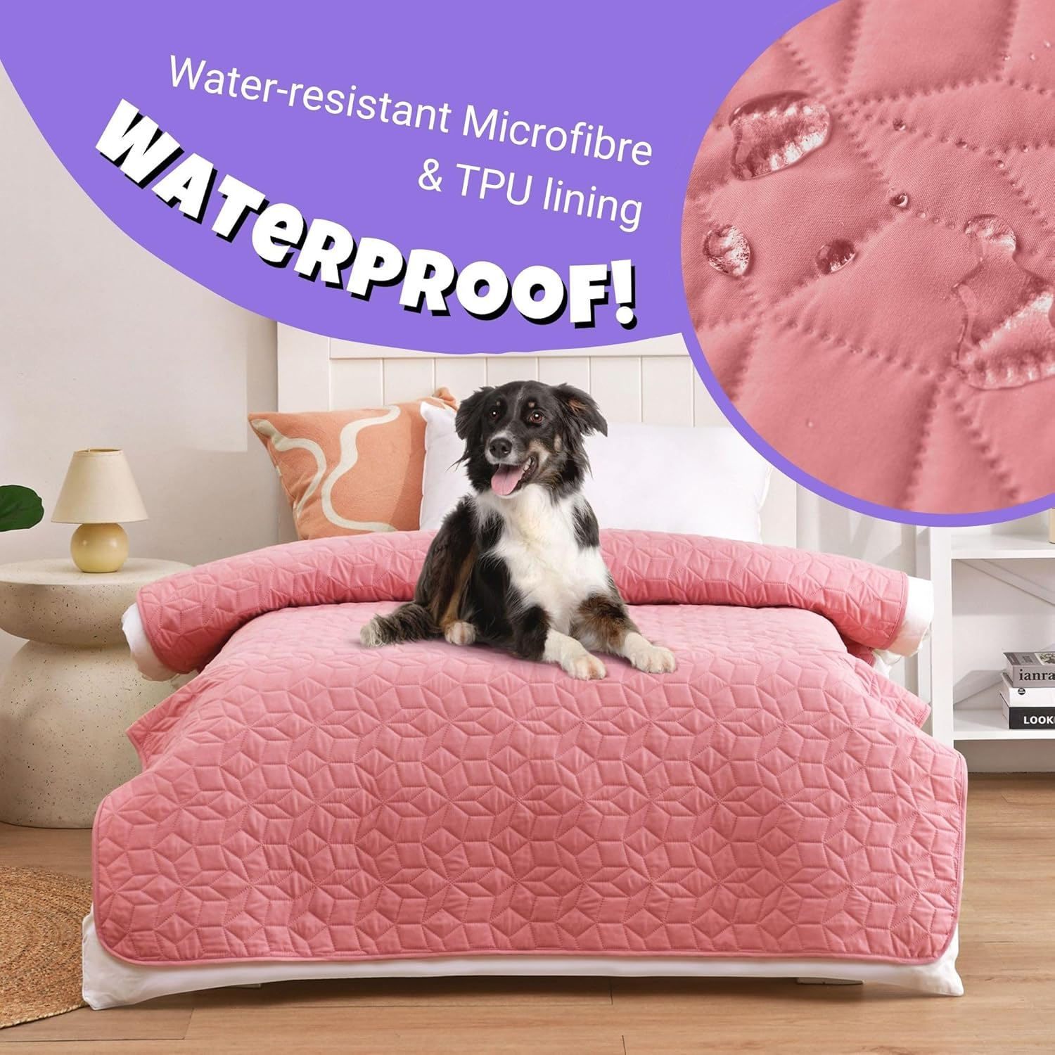 Charlie&rsquo;S Sofur Waterproof Dog Bed Sofa Cover Protector Pet Blanket (Single/King Single Bed 132X208Cm) for Couch Furniture Car Boot Non-Slip Quilted Padded Washable for Pets/Dogs/Cats/Kids - Pink image number 4